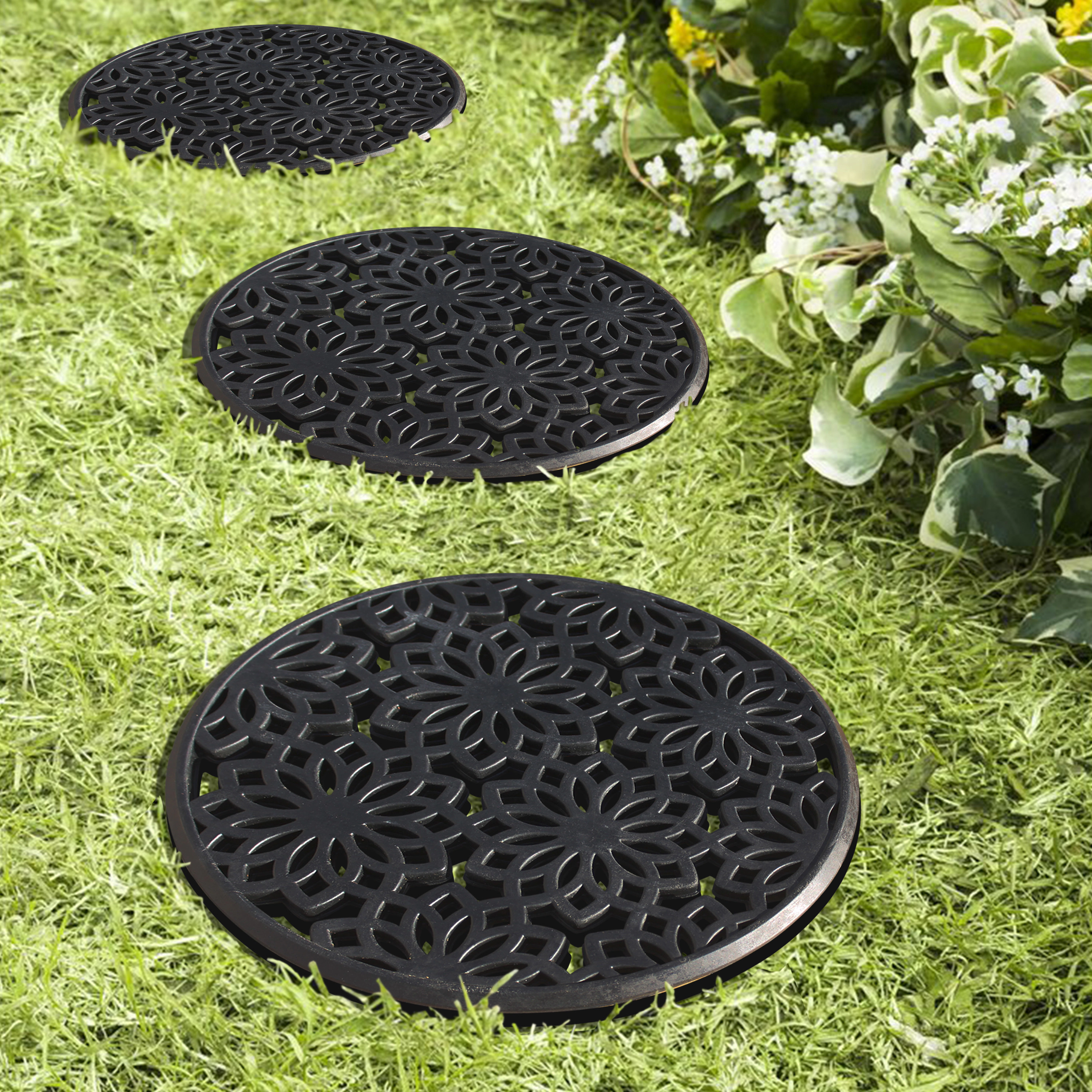 A1 Home Collections Heavy Duty Rubber Outdoor Garden Stepping Stone Mat Set of 3, Paisley Black, 14 x 14 Inches