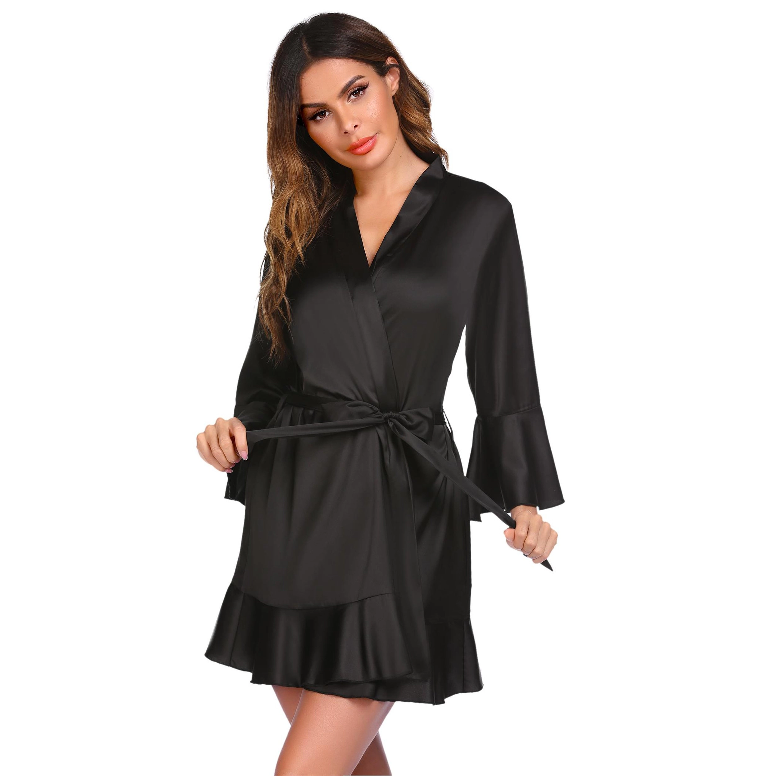 Ekouaer Womens Satin Robe Short Ruffle Hem Silky Robes Lightweight Kimono Brides Bathrobes