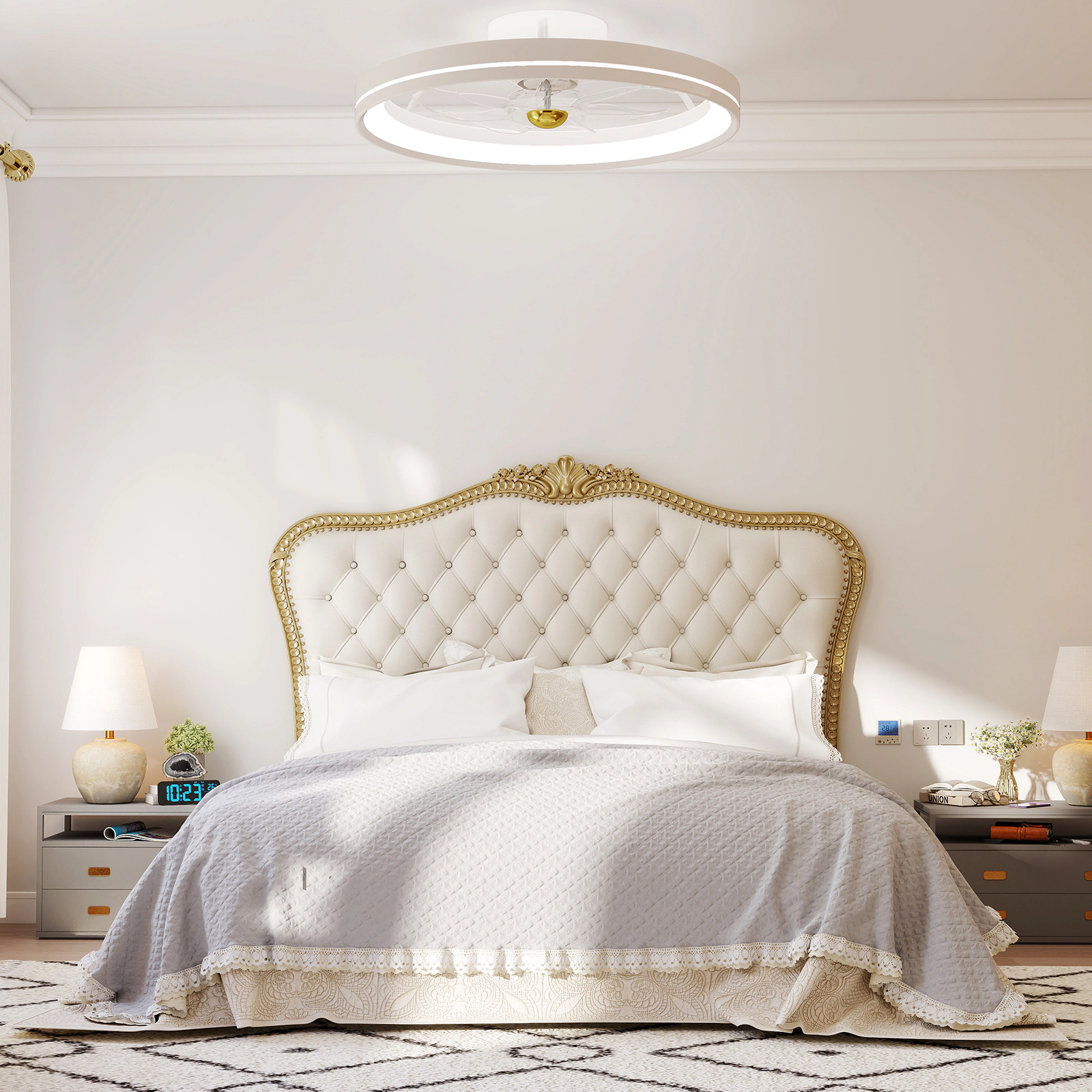 SUGIFT 19-in 7-Blade 6-Speed White Low Profile Flush Mount Ceiling Fan with 3000 to 6500K Dimmable LED