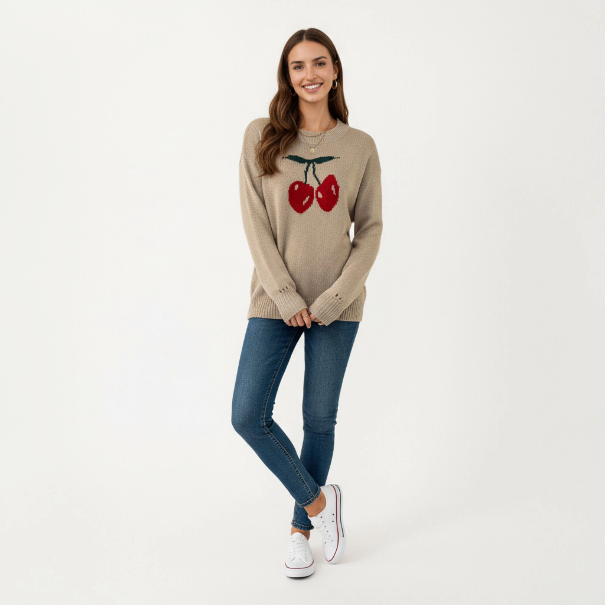 Anna-Kaci Women's Long Sleeve Knit Sweater with Cherry Graphic Design and Ribbed Trim