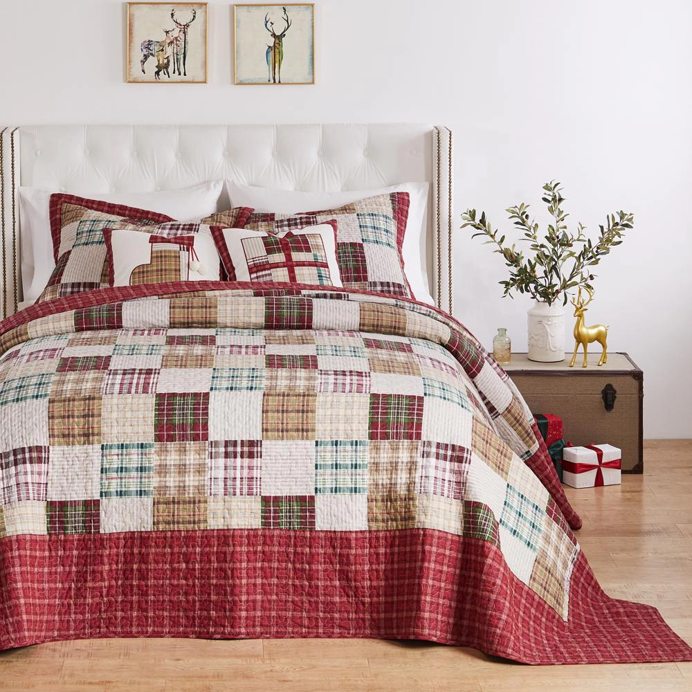 Greenland Home Fashions Oxford Plaid Cotton Jumbo Sized for Floor Length Coverage Bedspread Set