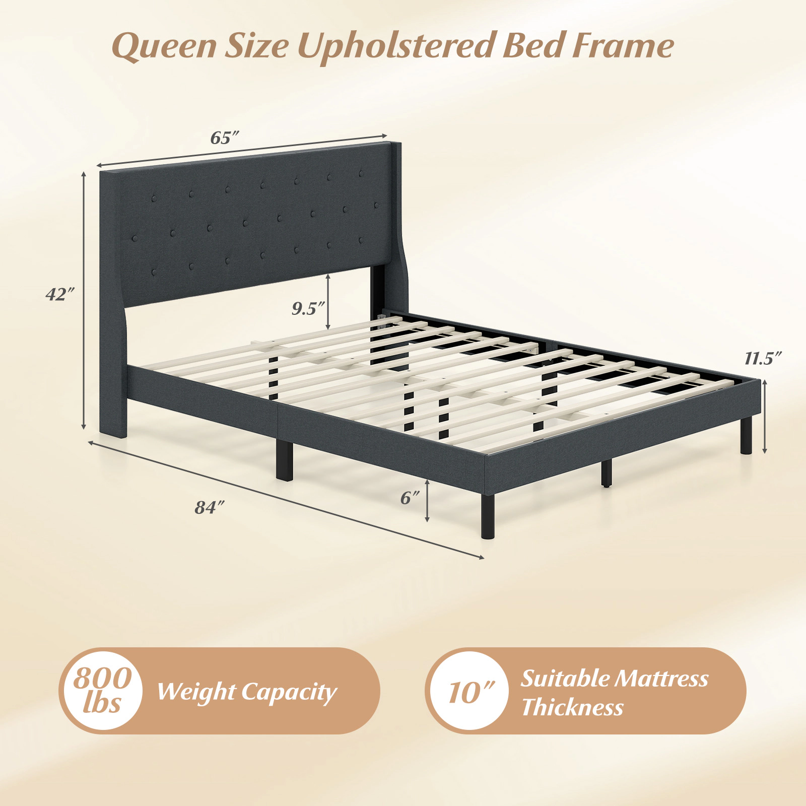 LJG Queen Size Upholstered Bed Frame with Button Tufted Wingback Headboard and Wooden Slats Support Mattress Foundation