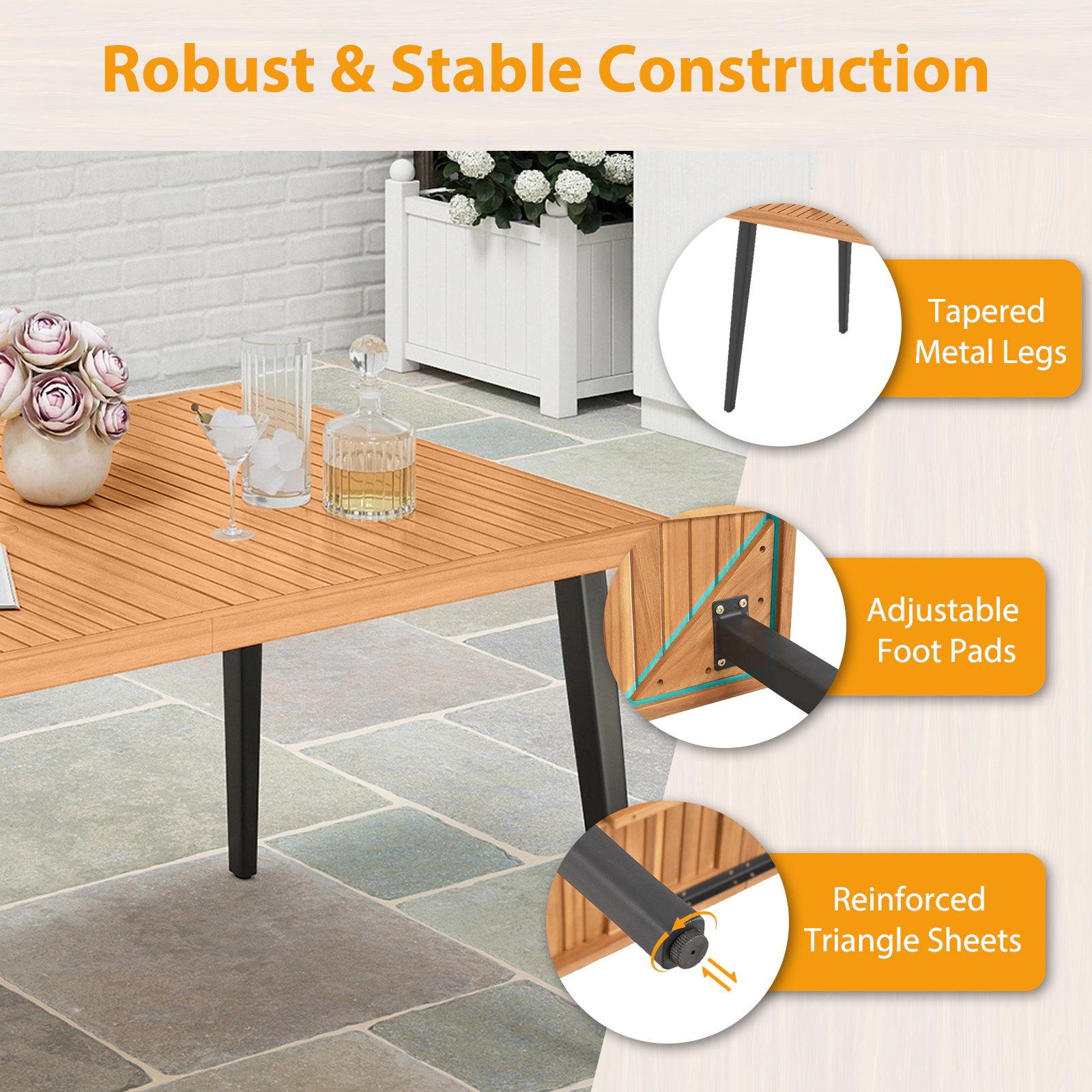 SUGIFT 63-in Acacia Wood Dining Table for 6, Indoor Outdoor Patio Table with Metal Legs and Umbrella Hole