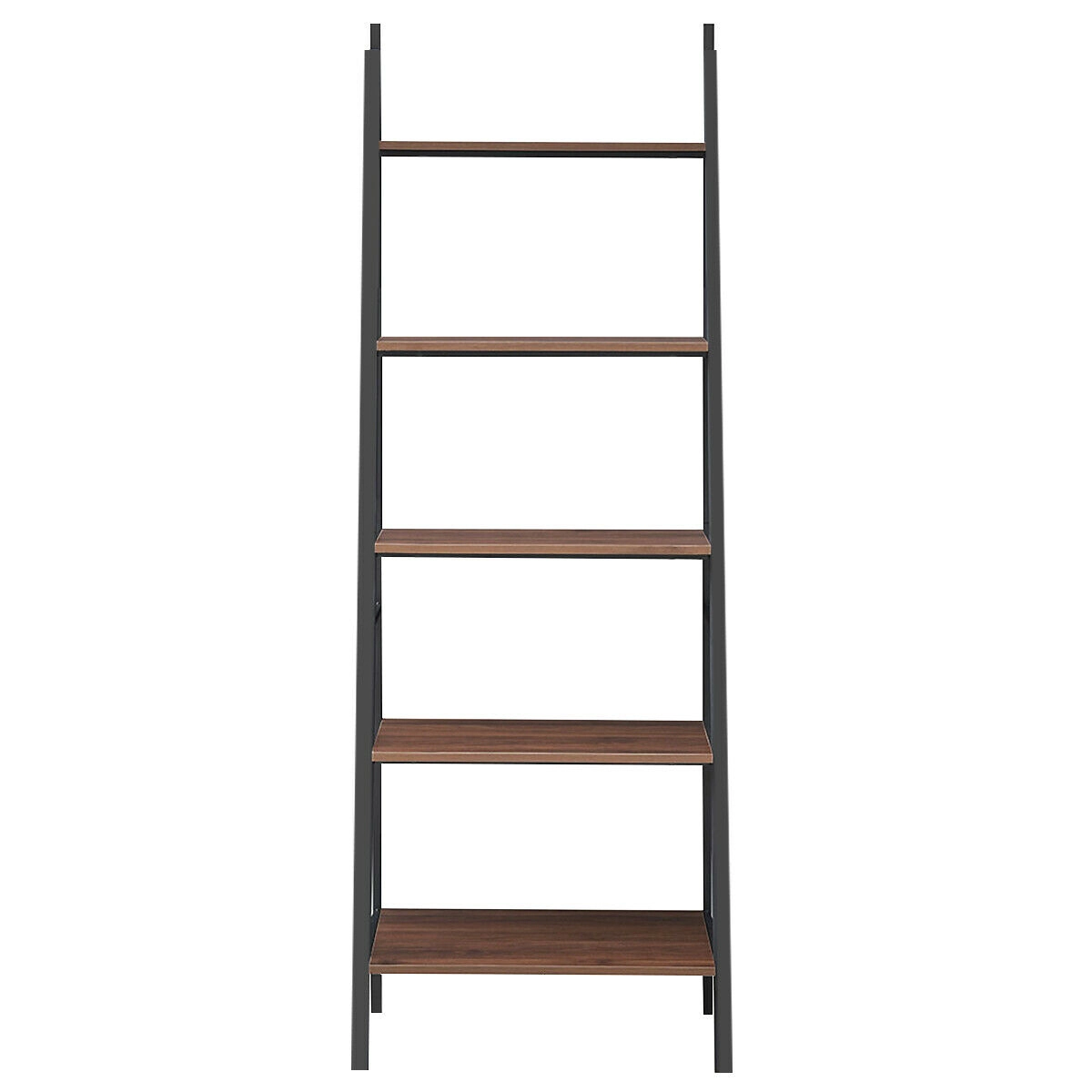SUGIFT Brown 5-Tier Leaning Bookshelf 71 in Wood and Metal Trapezoidal Bookcase