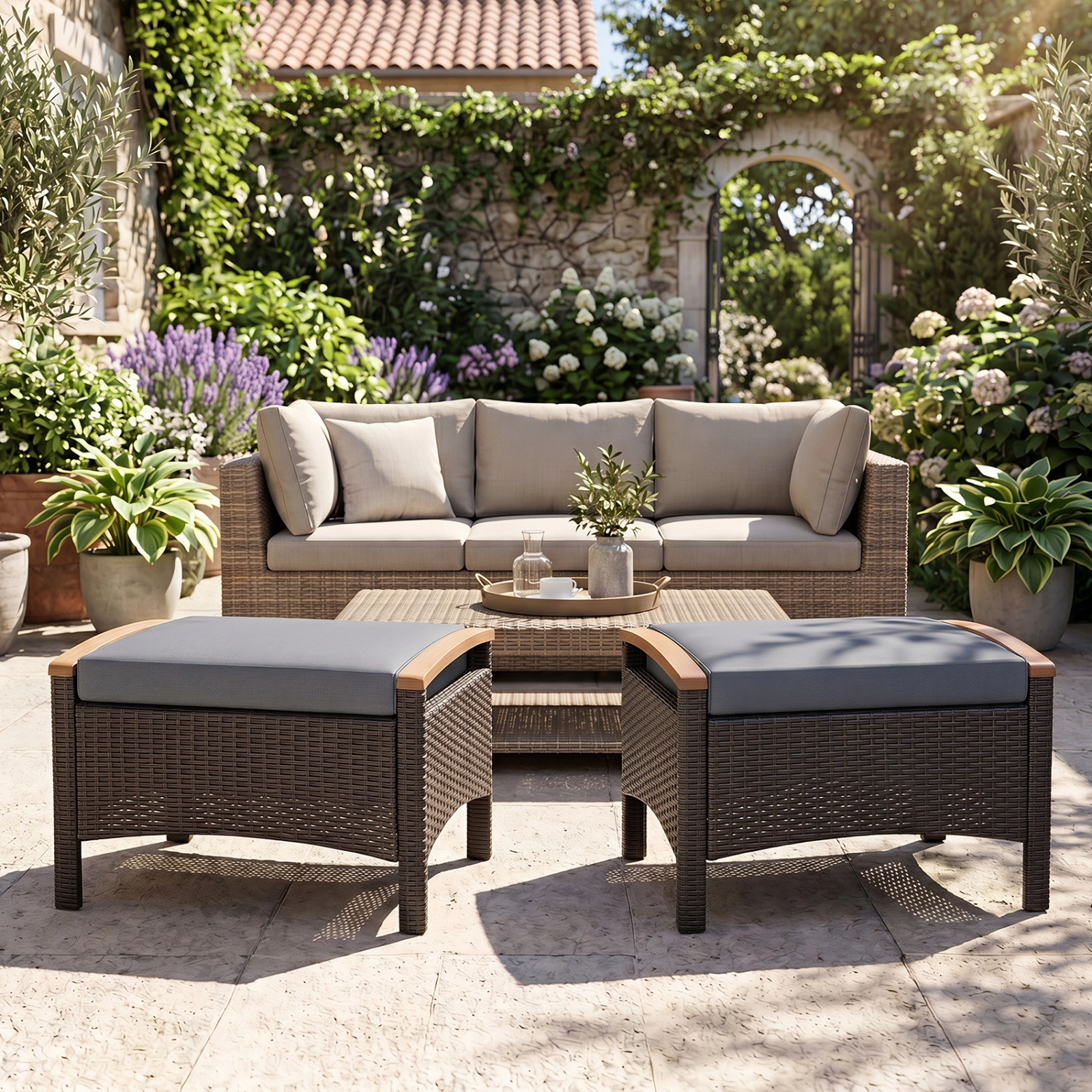 SUGIFT Set of 2 Fade-Resistant Wicker Patio Ottomans Foot Rest with Cushions 400-lb Capacity Mix Brown PE Rattan Gray