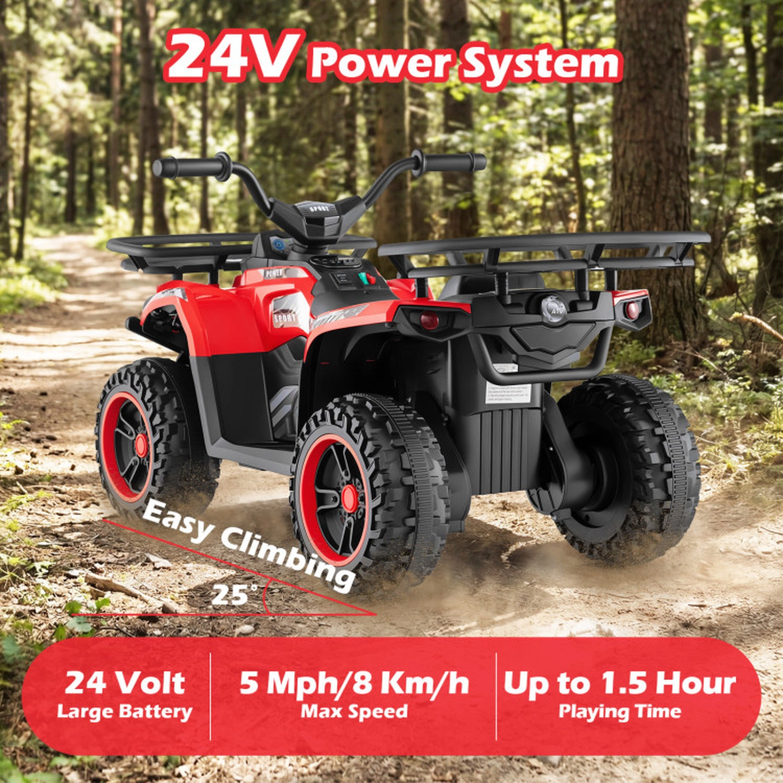 SUGIFT 24V 66-lb Capacity Red Kids Ride On ATV Quad with Dual 35W Motors 2-Speed Shifter and LED Headlights