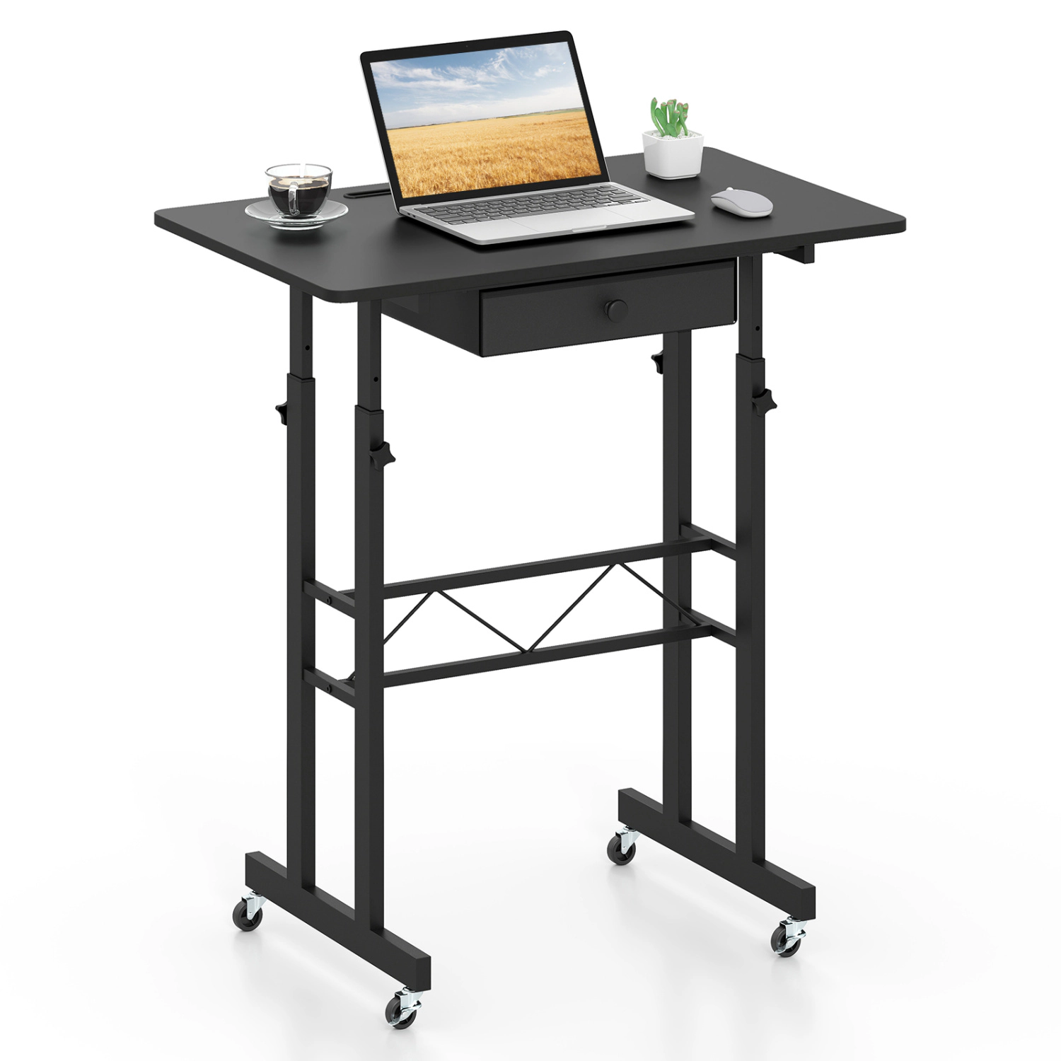 LJG Height Adjustable Laptop Desk with Fabric Drawer Tablet Holder and Lockable Wheels