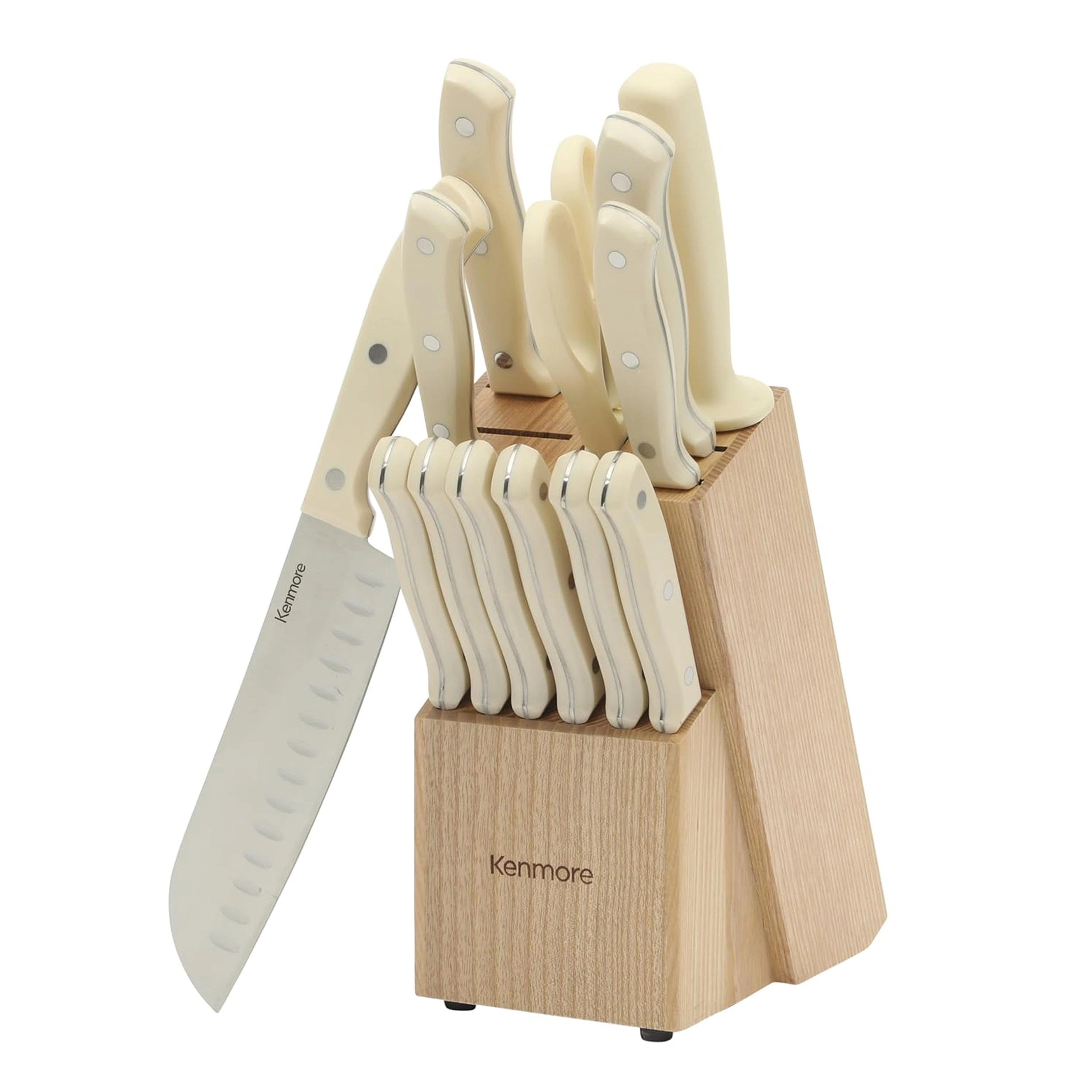 Kenmore Kane 14 Piece Stainless Steel Cutlery With Ashwood Storage Block in Linen