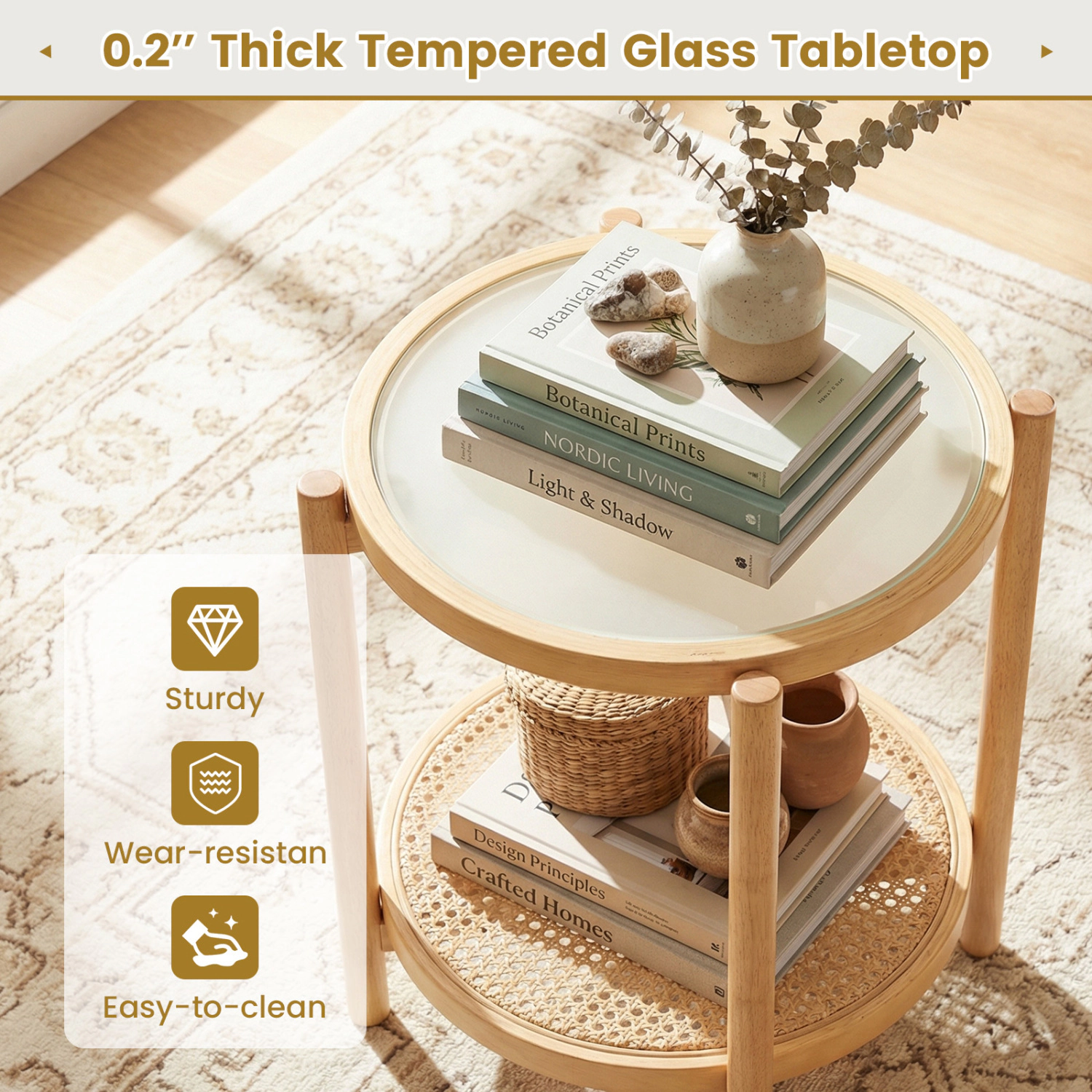 SlickBlue Round Side Table with Tempered Glass Top and 2-Tier Shelf