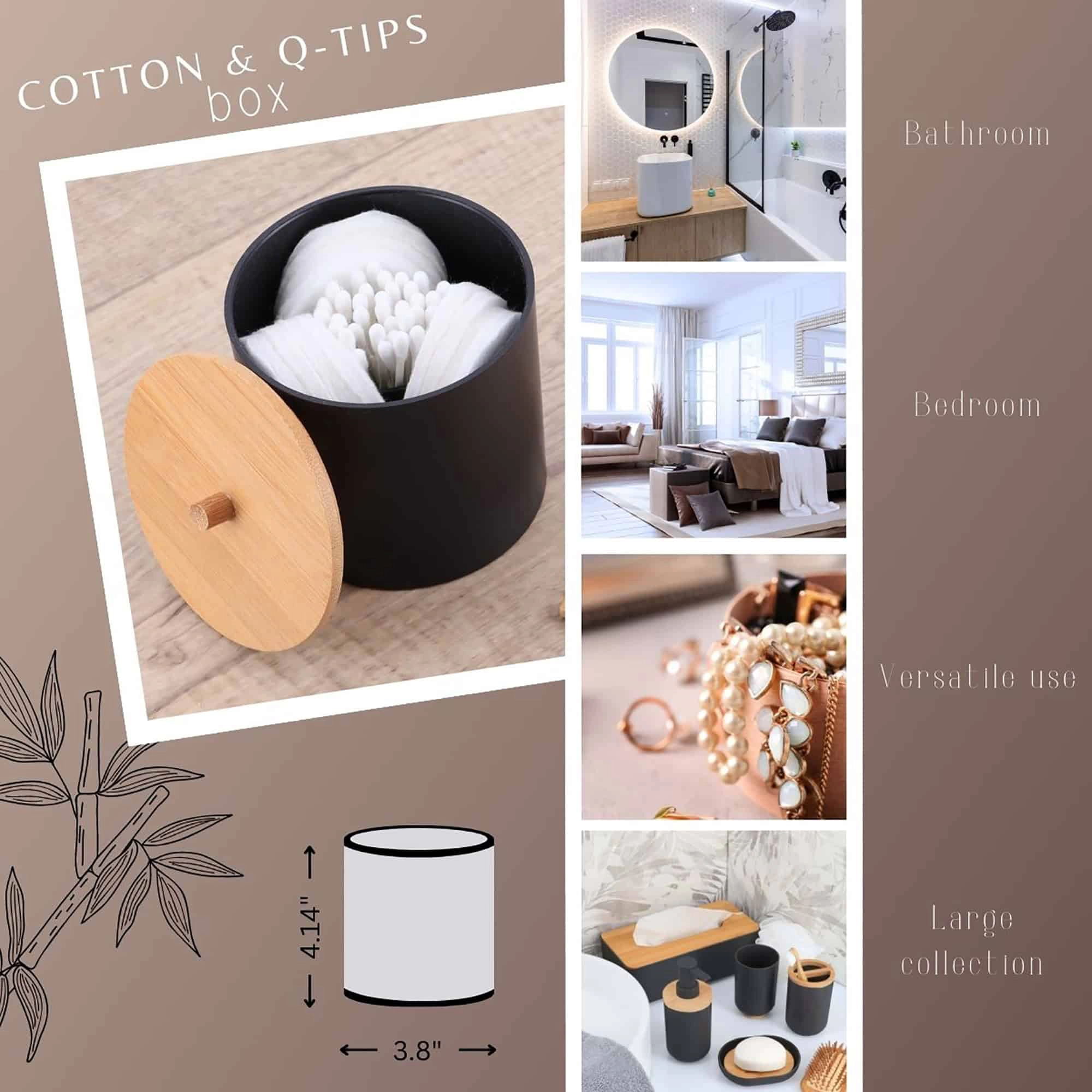 Evideco French Home Goods Padang Cotton Pad and Swab Holder with Bamboo Lid, Matte Polystyrene, Round