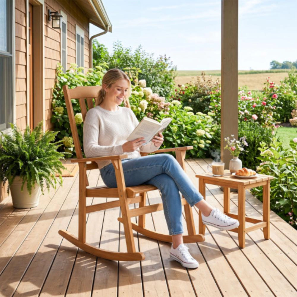 Hivvago Outdoor Acacia Wood Rocking Chair With High Back And Armrests For Patio