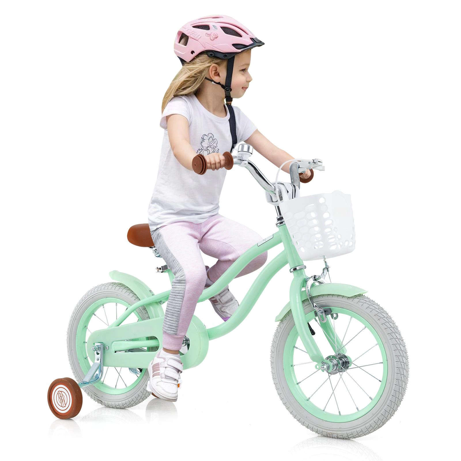 SUGIFT Mint Green Adjustable Seat Bell Removable Basket and Chain Guard Kids 14 Inch Bike