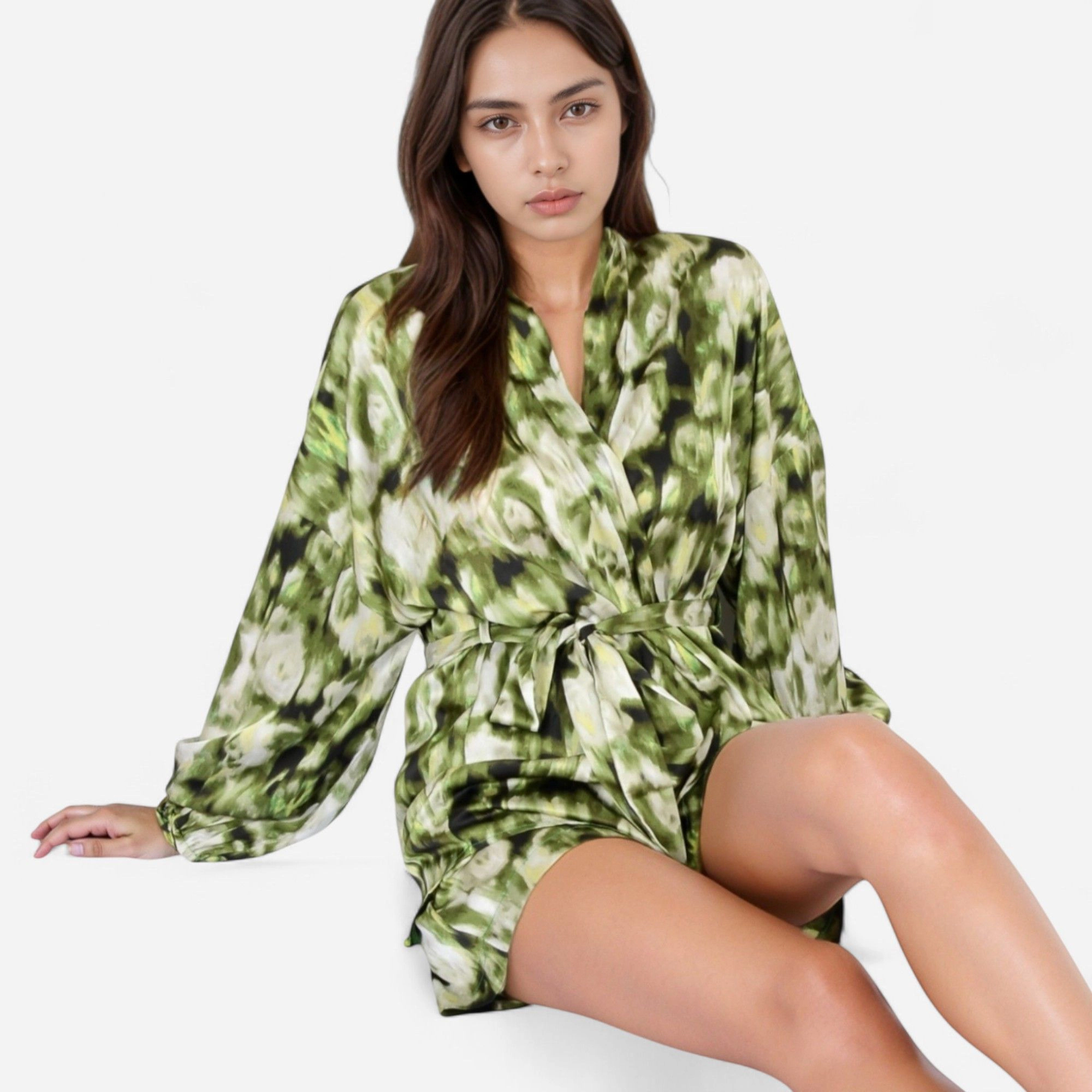 Anna-Kaci Women's Printed Satin Robe with Tie Waist and Flowing Sleeves