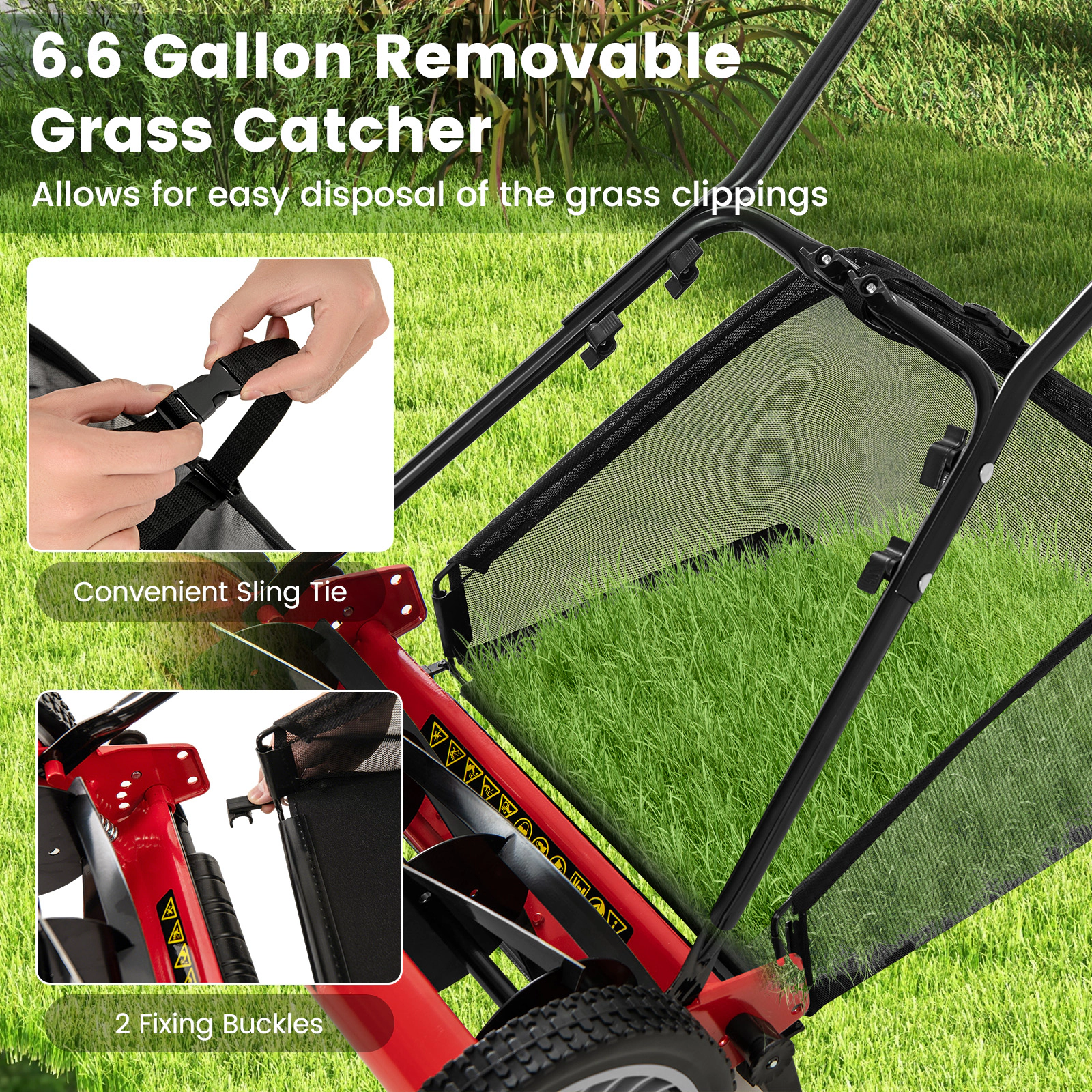 SUGIFT Red 16-in Manual Push Reel Lawn Mower with 5-Blade Cylinder 7-gal Bag and 10-in Non-Slip Wheels