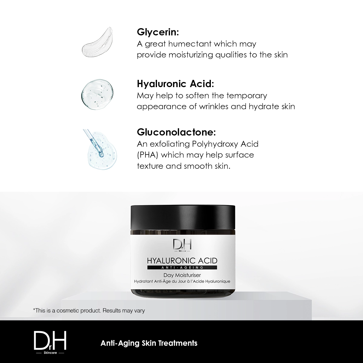 Dr H Hyaluronic Acid Anti-Ageing Day Moisturiser 60ml - Hydrates, Smooths Fine Lines & Targets Wrinkles