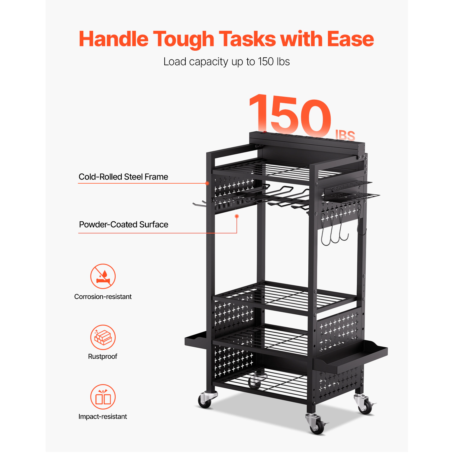 HONGGE Tool Organizer Cart with Charging Station 8 AC Outlet Floor Stand Rolling Drill Holder and Tool Battery Storage