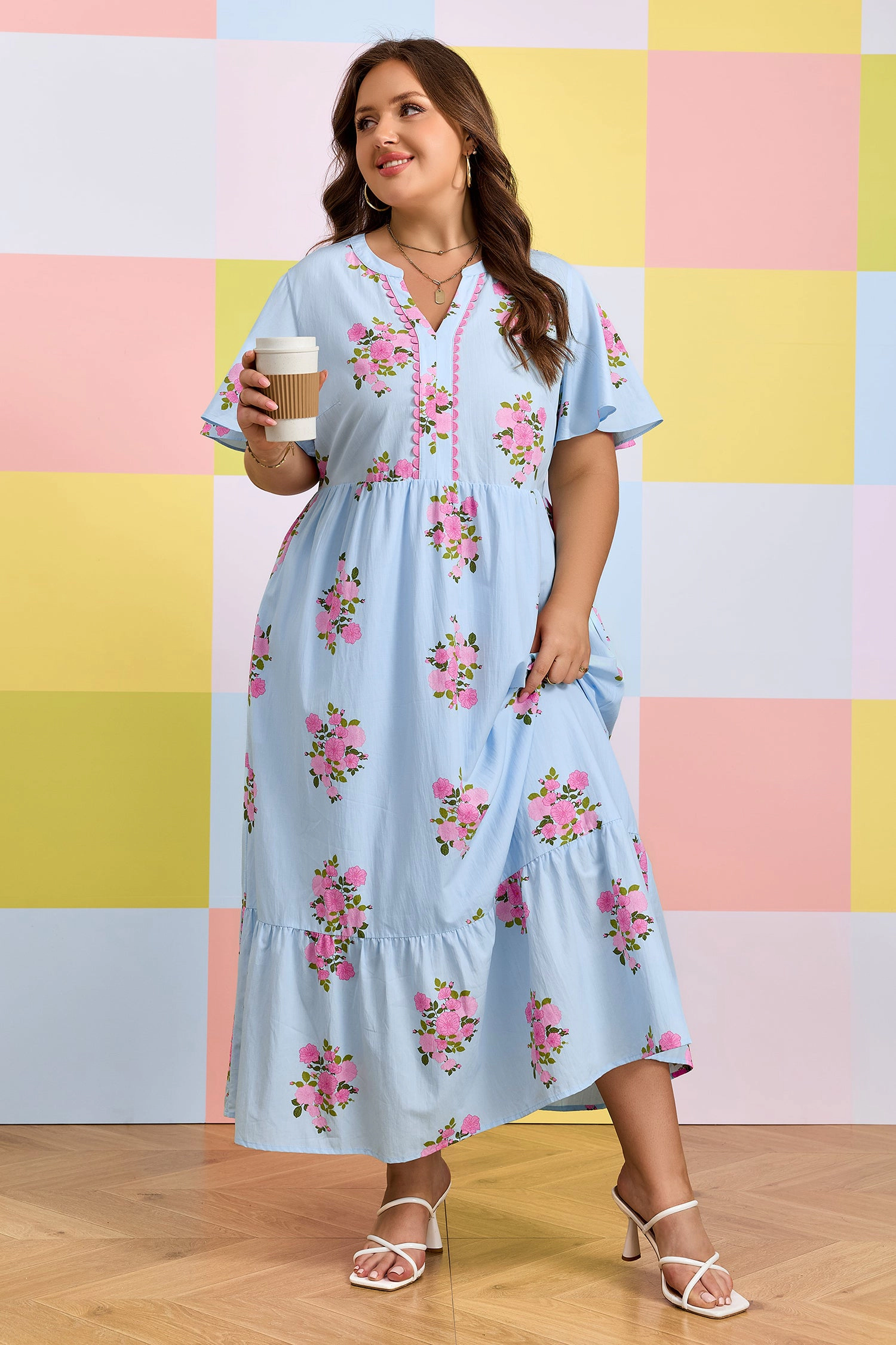 Threaded Pear Women's Lucy Print Scalloped Trim PLUS Dress