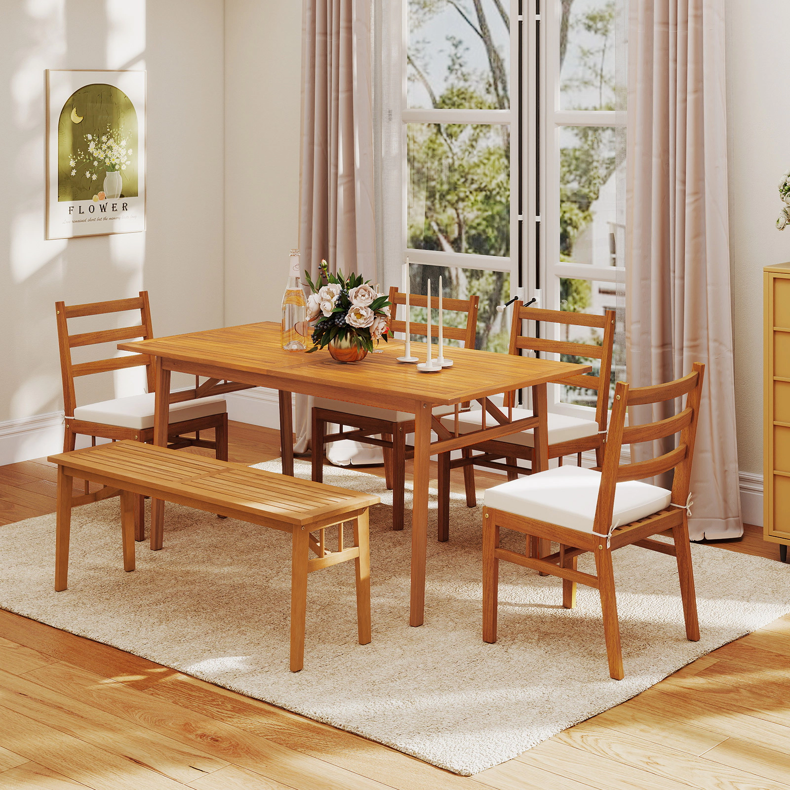 SUGIFT Outdoor Acacia Wood Dining Table with Umbrella Hole 63-in Long 165-lb Capacity Seats 4-6 Natural
