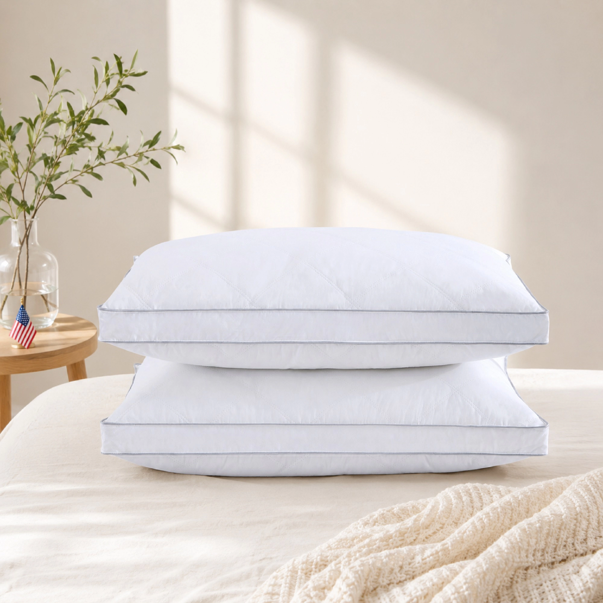 PEACENEST Diamond Quilted Goose Feather Pillows with 1.5-Inch Gusset, Set of 2