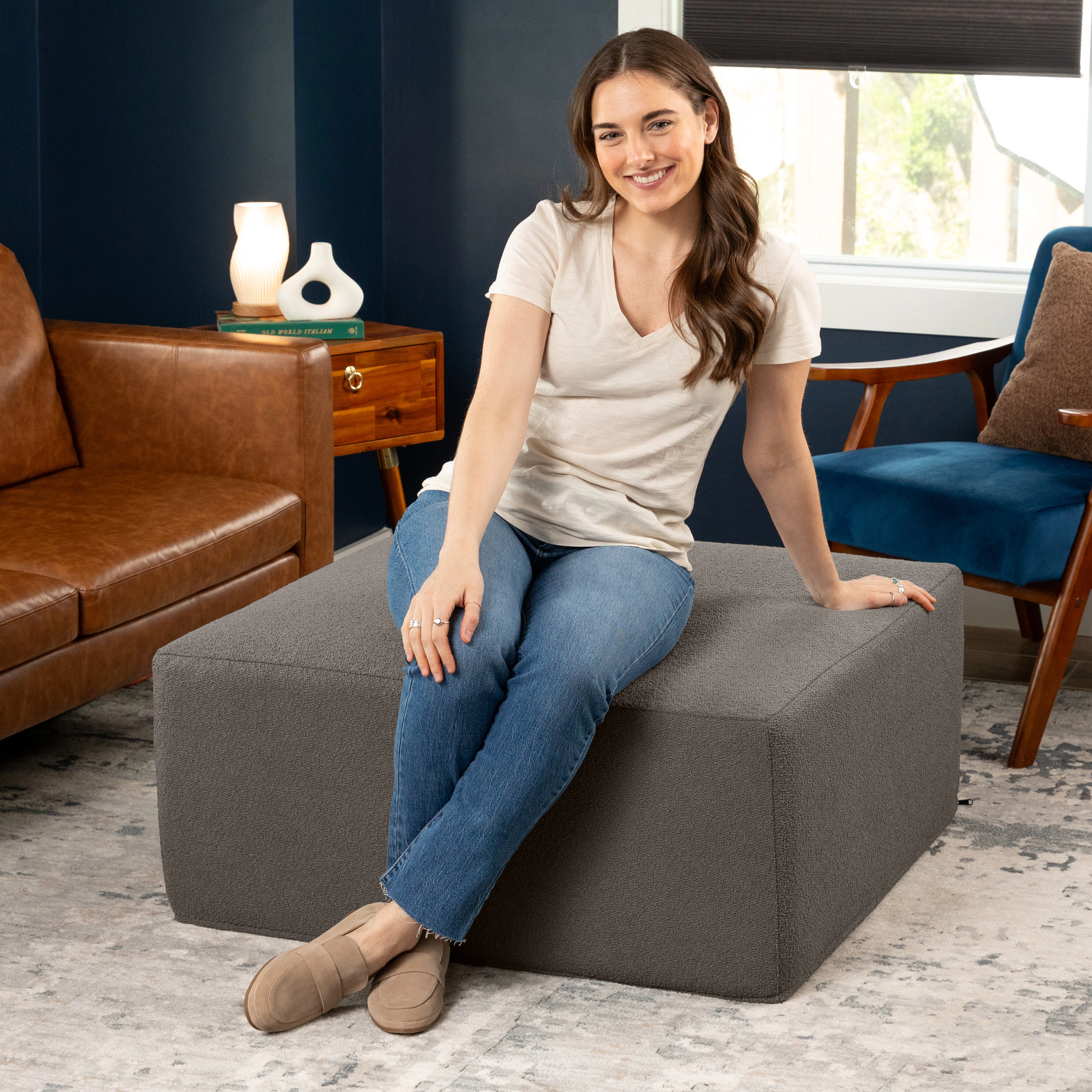 Jaxx Fairlie Couch Ottoman - Oversized Square Foam Coffee Table Ottoman, 36" , Luxe Boucle