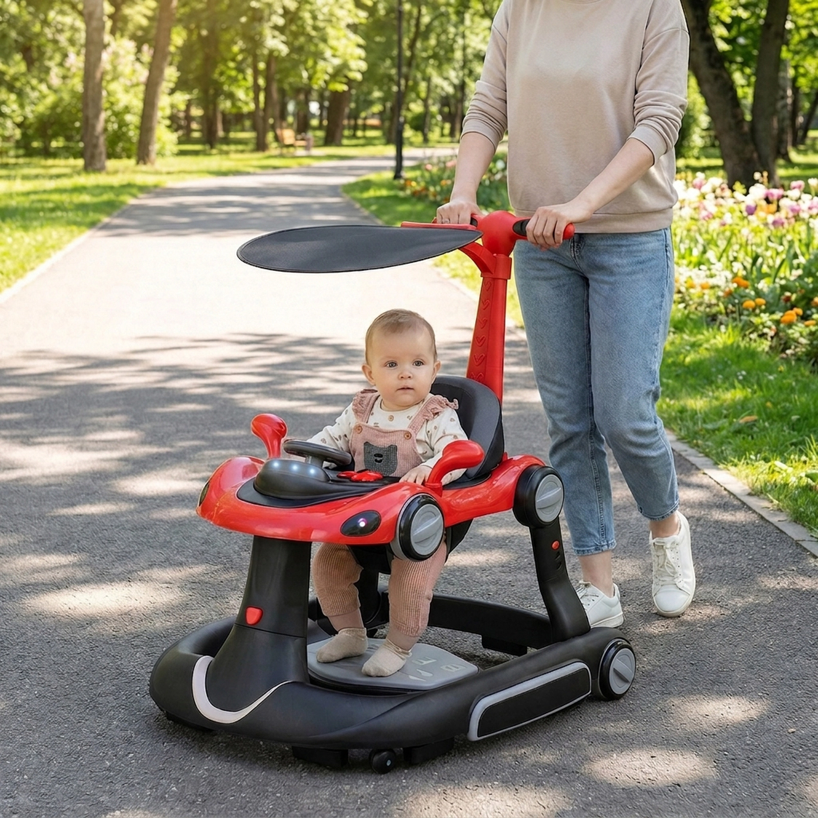 SUGIFT 6-in-1 Baby Walker Activity Center Bouncer Rocker Combo 27-lb Capacity Ages 7-18 Months Red