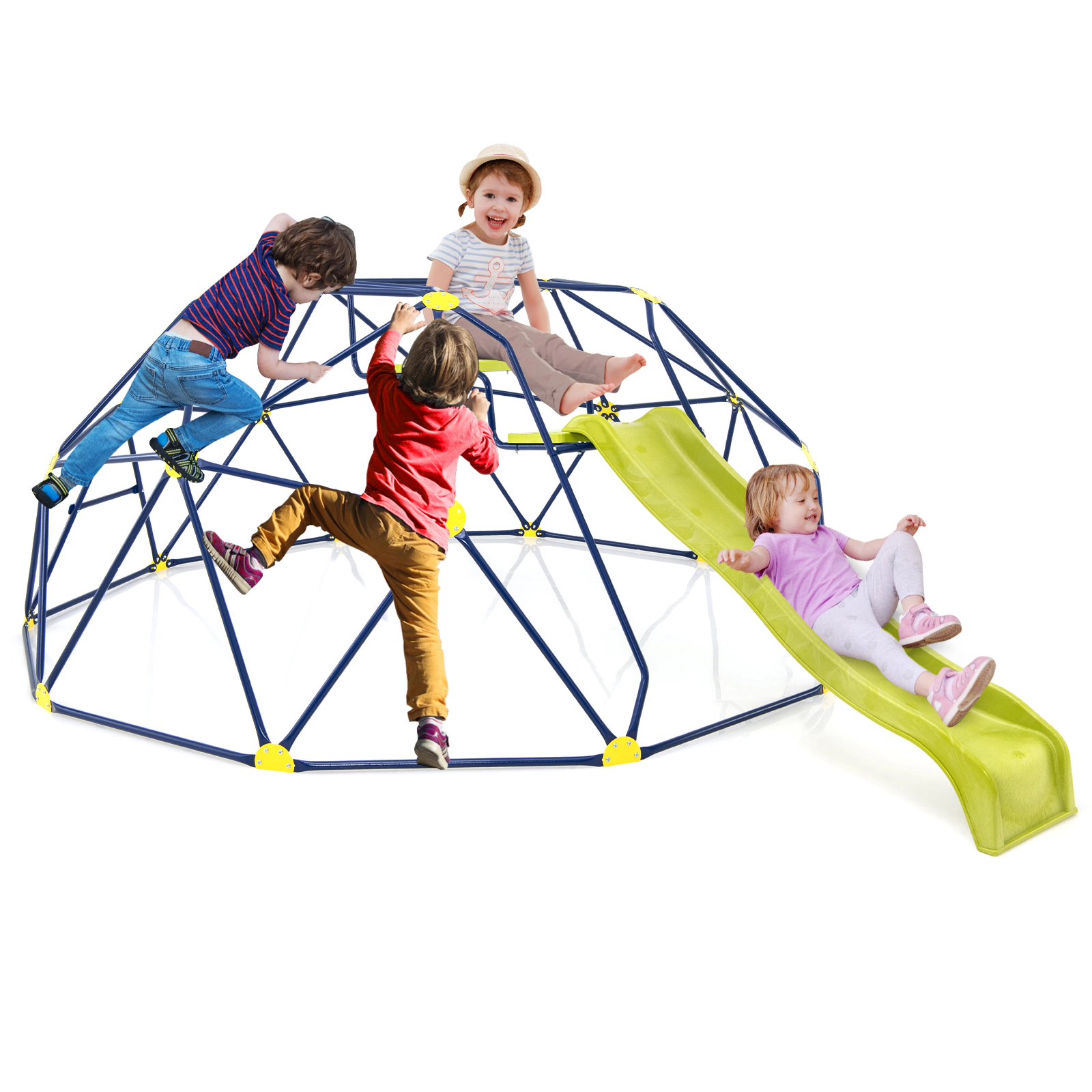 LJG Kids 13.3 FT Climbing Dome Geometric Dome Climber with Extended Wavy Slide and 2 Rest Platforms