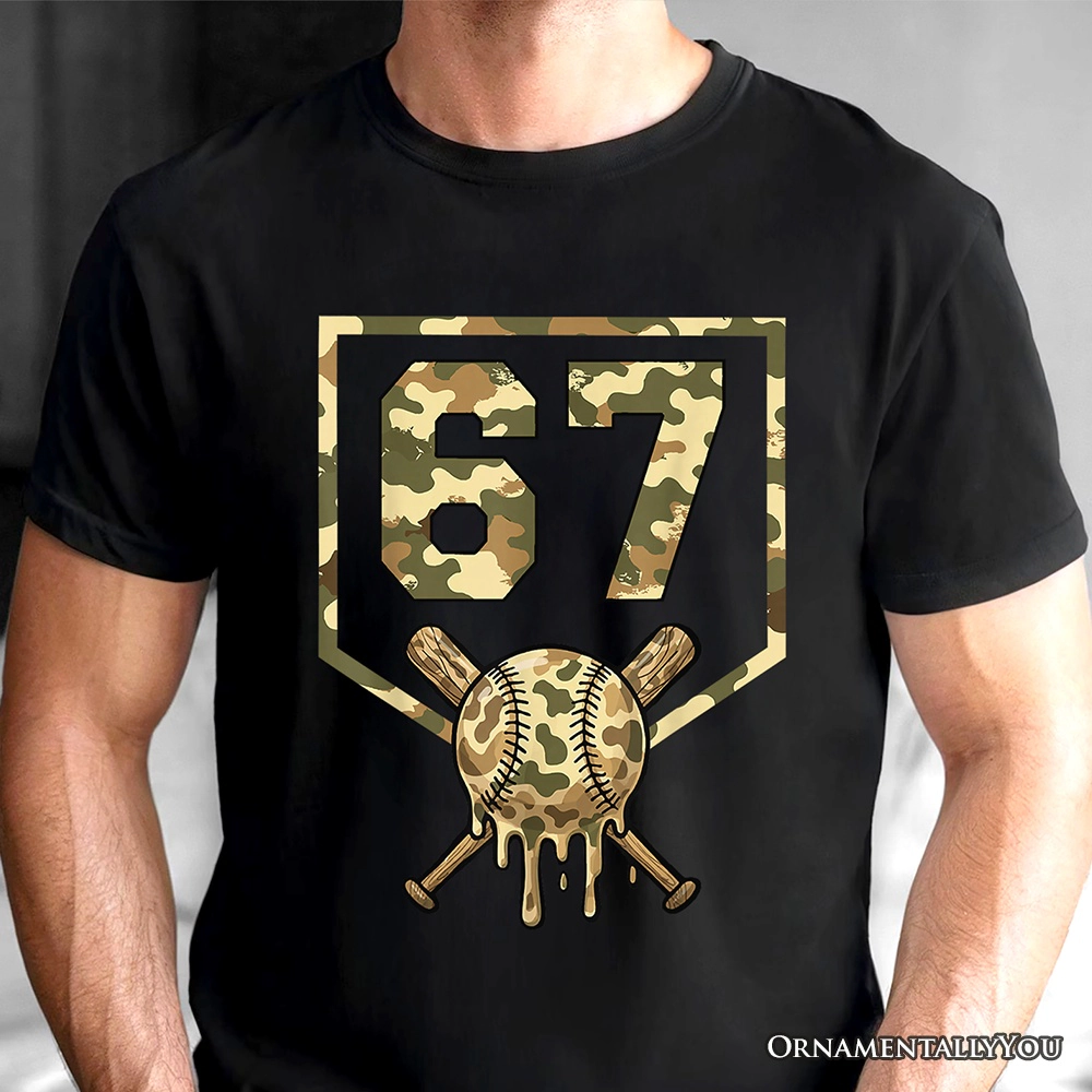 OrnamentallyYou Mens Six Seven" Cool Camo Baseball Drip T-Shirt