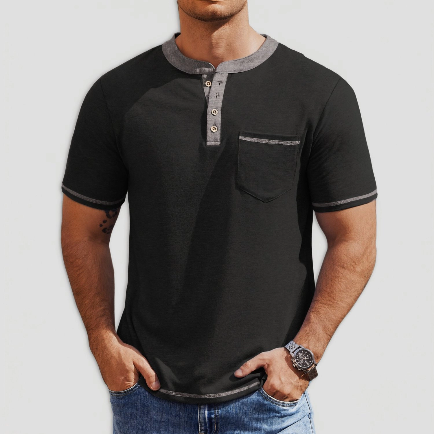 COOFANDY Mens Short Sleeve Henley Shirt Contrast Trim Button Pocket Casual Tee Tops