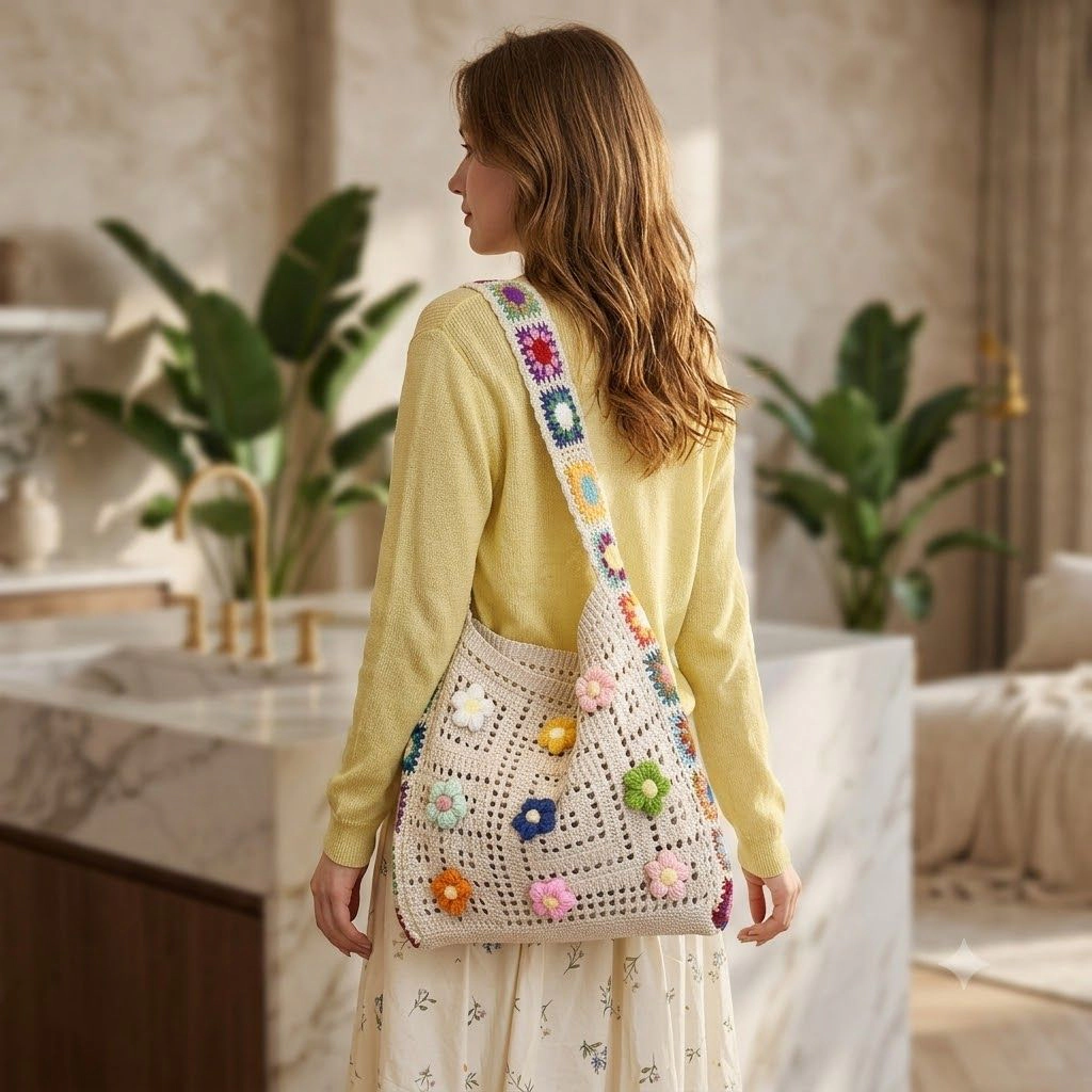 Alilang Women's Crochet Shoulder Bag with Daisy Applique and Wide Strap
