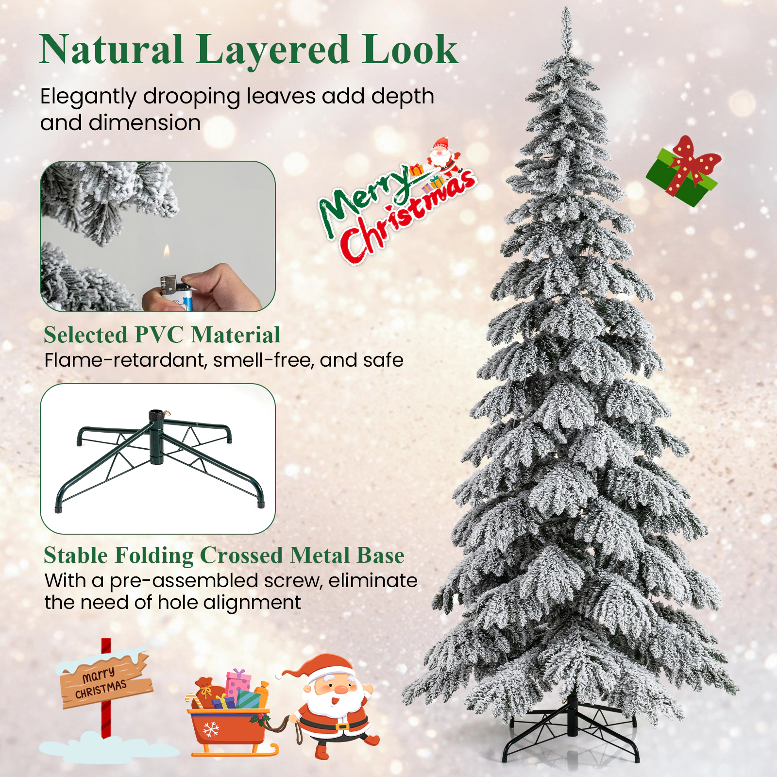 SUGIFT Snow-Flocked Pre-Lit Hinged 9-ft Artificial Christmas Tree with Quick Power Connectors 500-LED 3-Section White