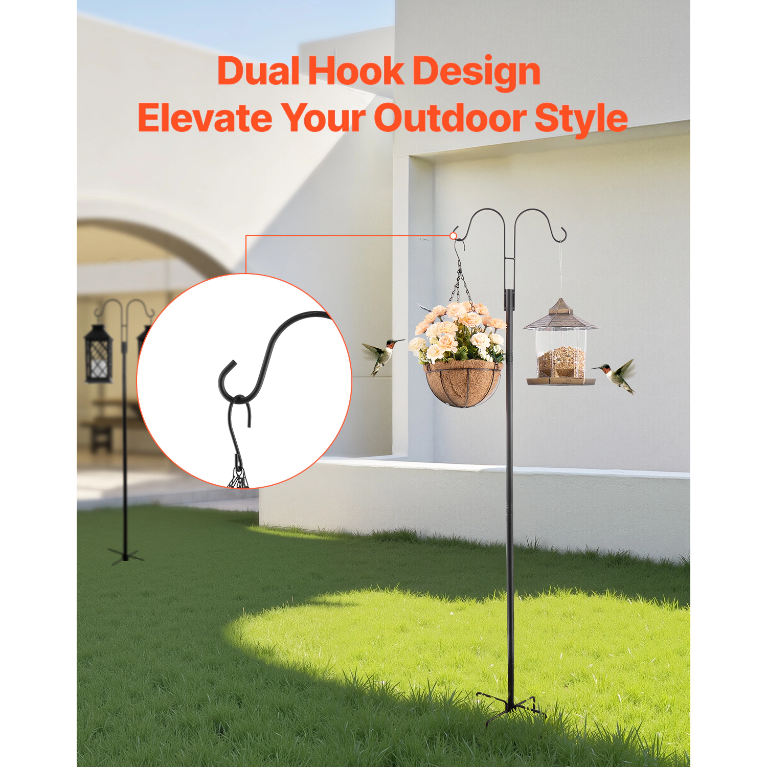 HONGGE Double Shepherds Hooks for Outdoor 8 Pack Heavy Duty Bird Feeder Pole 3/4 Inch Thick Garden Hooks for Hanging