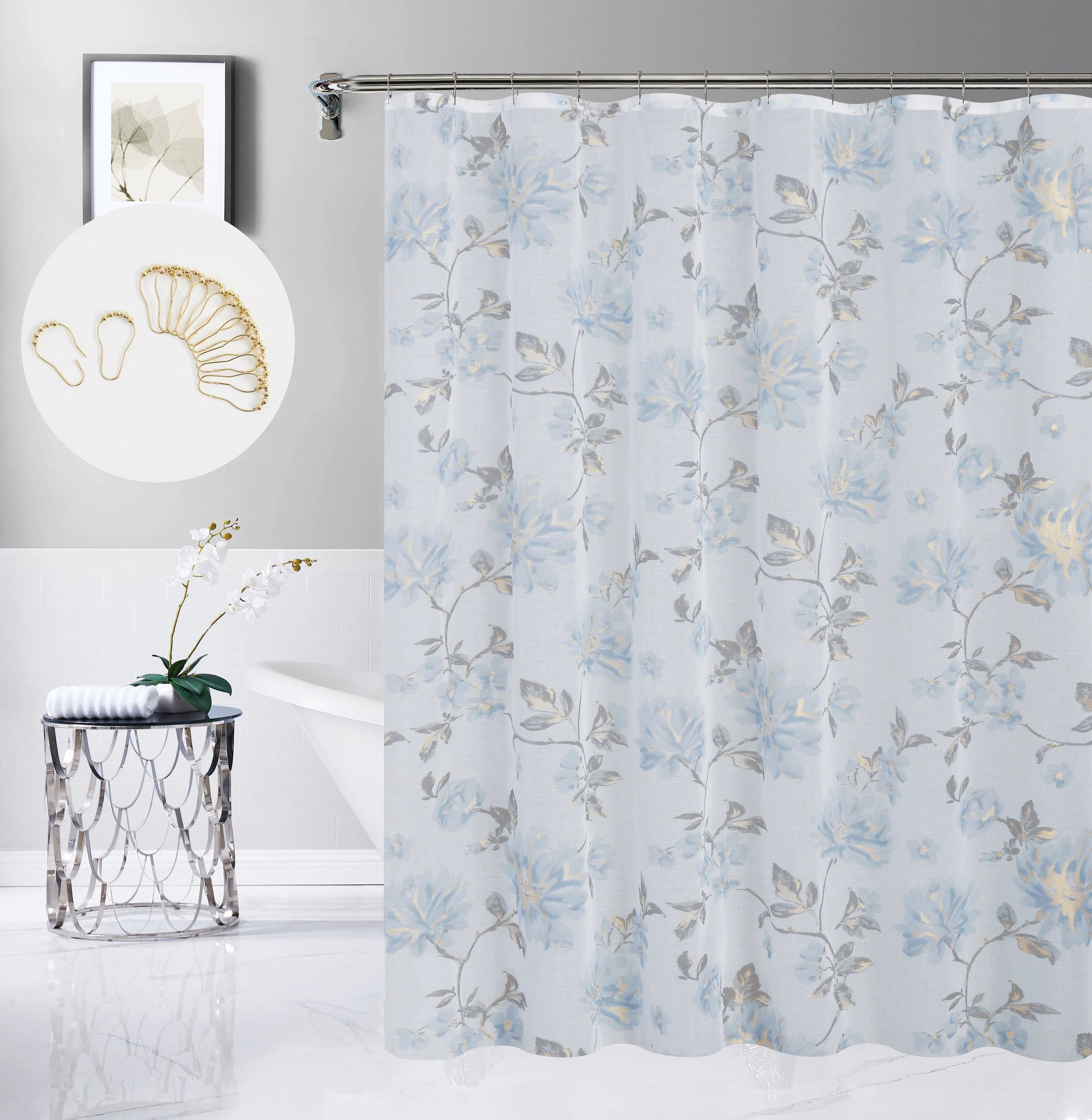 Dainty Home Jacqueline Linen Textured Metallic Fabric Shower Curtain with 12 Matching Hooks 70" x 72"