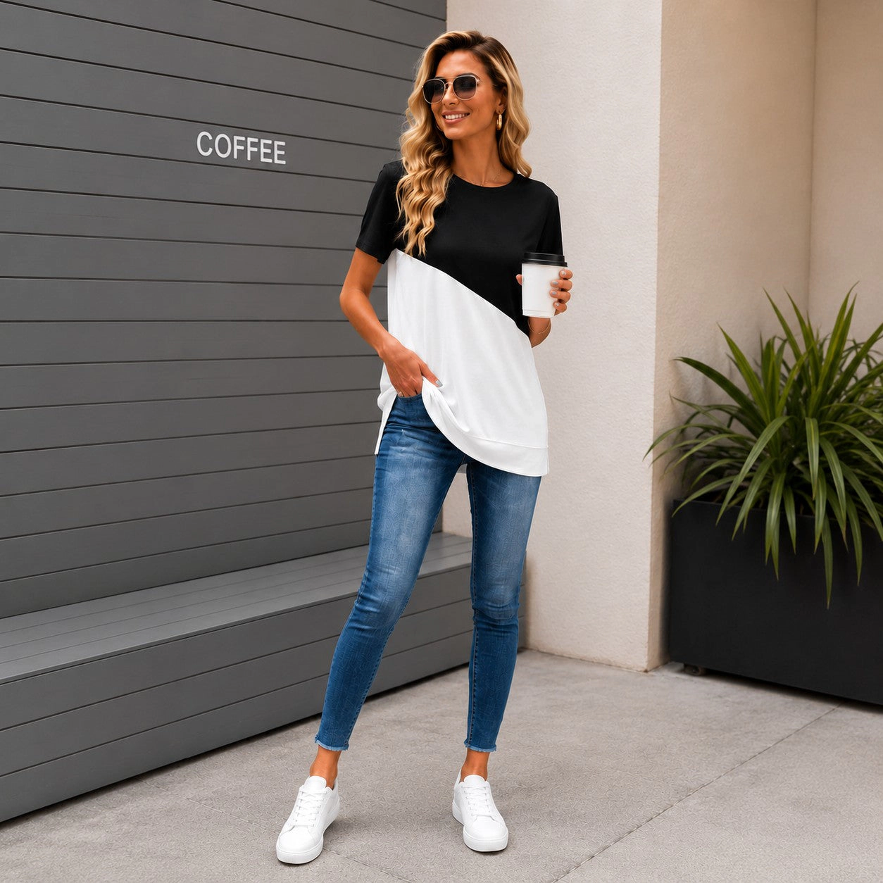 Zilpu Women's Colorblock Side-Slit Relaxed Fit Tunic Tee