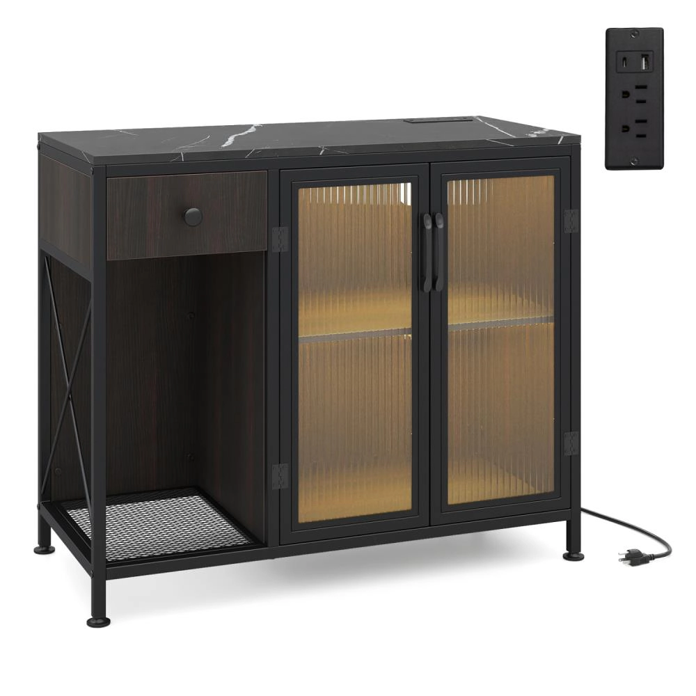 Hivvago Buffet Sideboard With Doors Power Outlets And Led Light