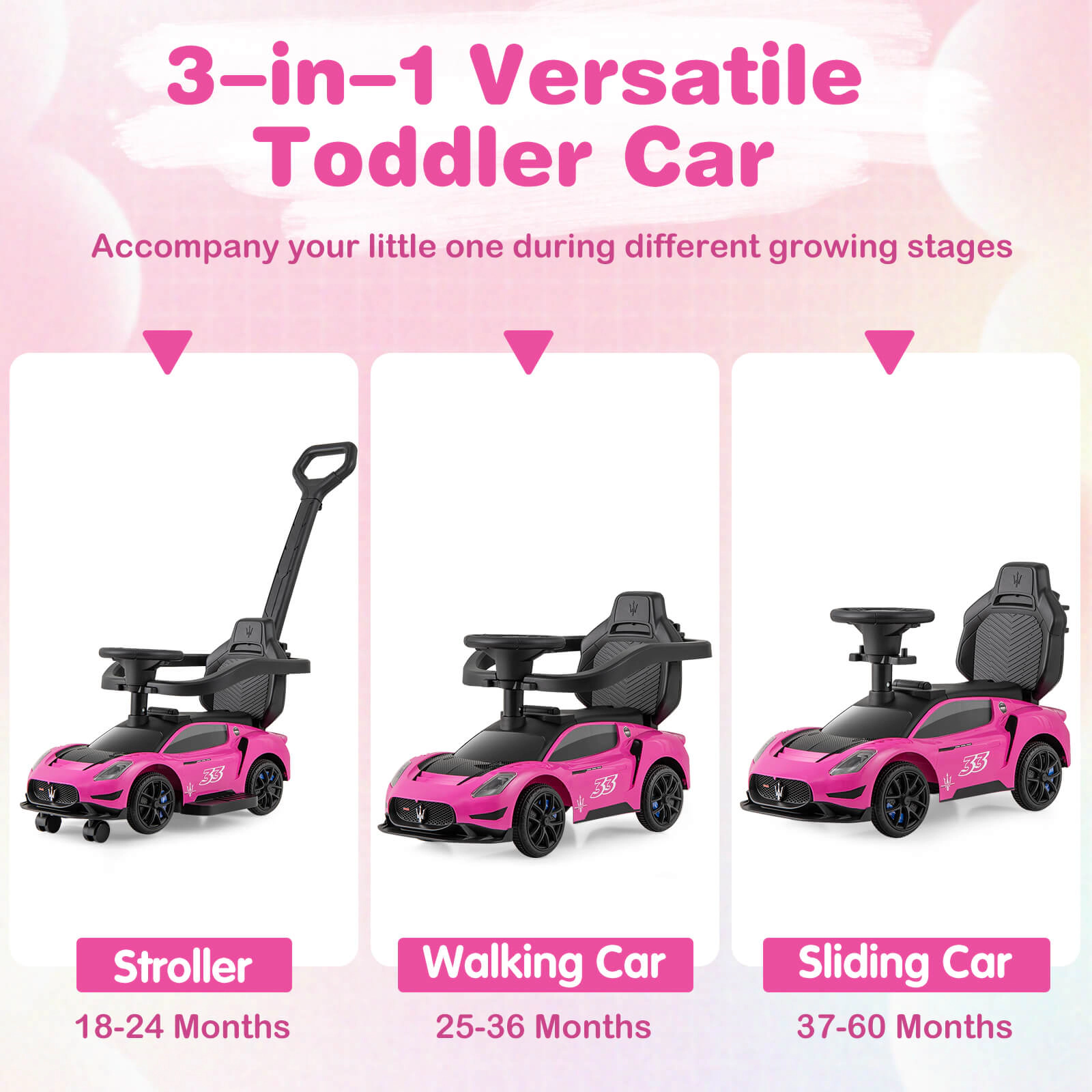Costway 3-in-1 Ride on Push Car Maserati Licensed Foot to Floor Kids Sliding Walking Pink/White