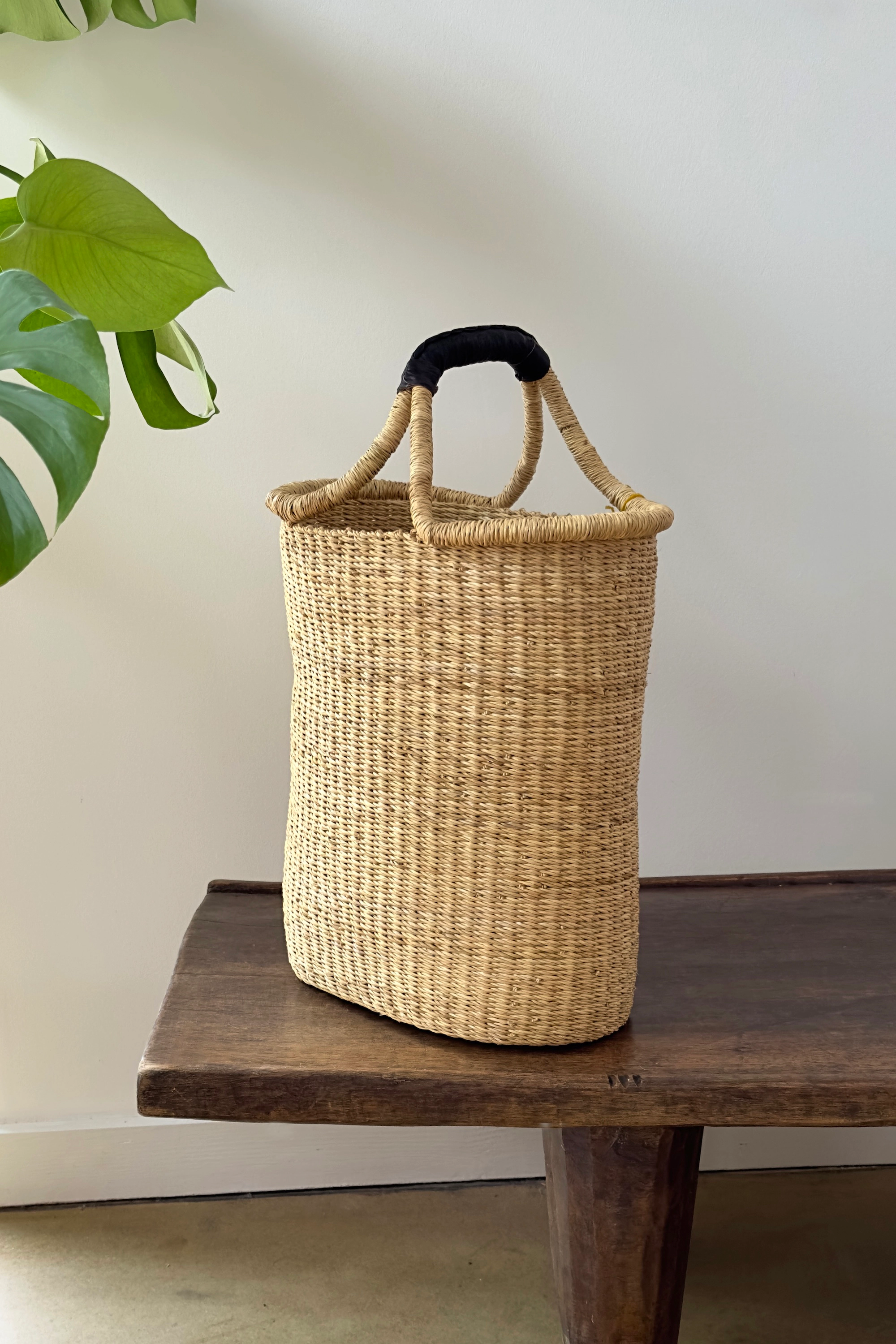 Mbare Handwoven Double Weave Pot Basket with Leather Handle