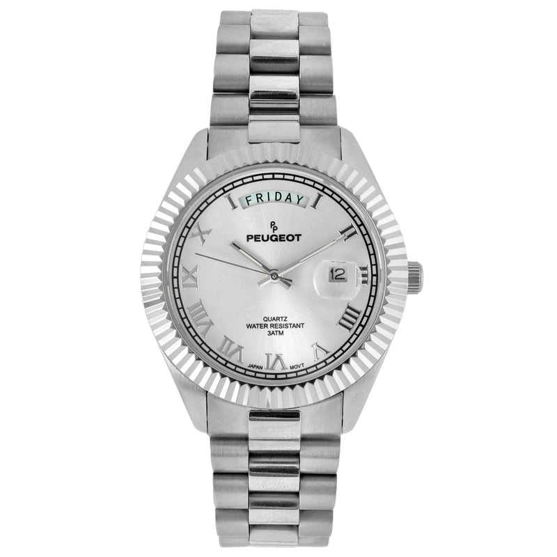 Peugeot Men's 40mm Silver Face Fluted Bezel Steel Bracelet Watch
