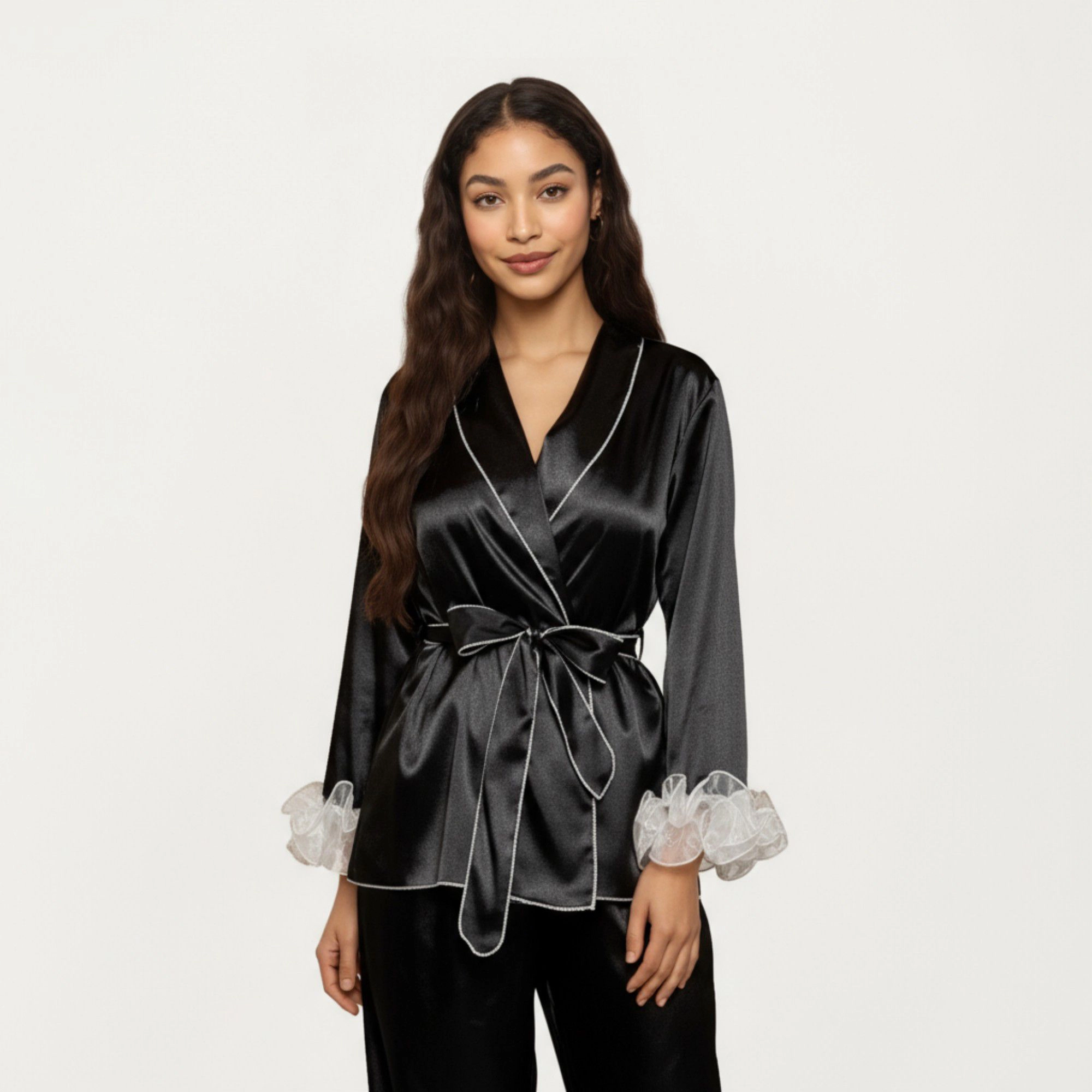 Anna-Kaci Women's 2-Piece Satin Wrap Long Sleeve Feather Trim Top and Straight Leg Pants
