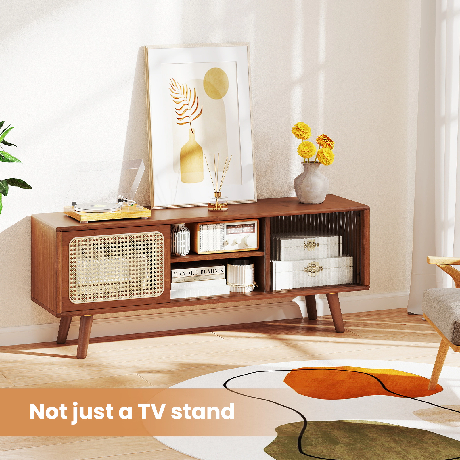 Glintex 47.5-Inch Bamboo TV Stand with Rattan and Glass Sliding Doors, Brown