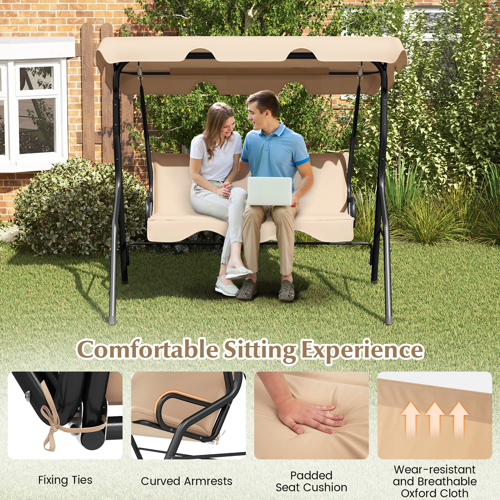 Hivvago 3-Seat Outdoor Patio Canopy Swing With Cushioned Steel Frame