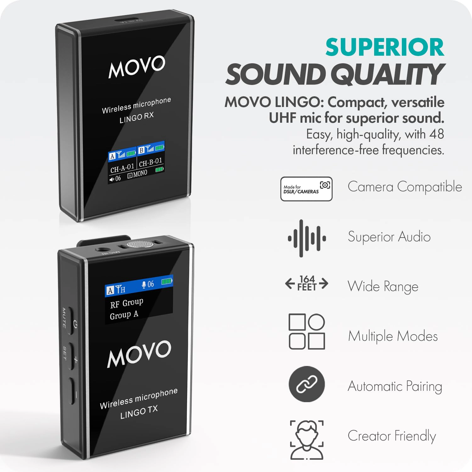 Movo Lingo 48-Channel UHF Wireless Microphone System for Camera - Wireless Camera Mic Compatible with Canon EOS, Nikon