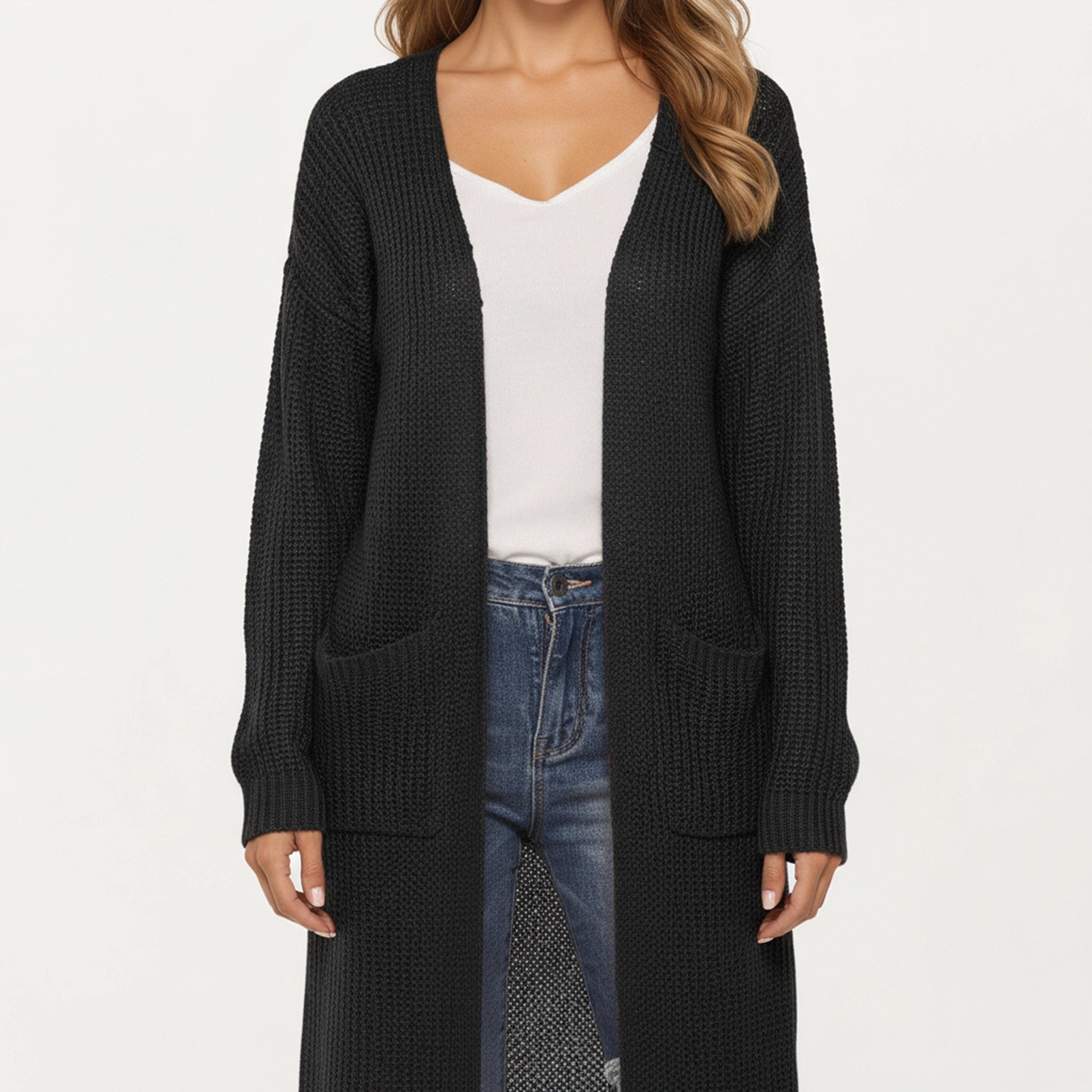 Anna-Kaci Women's Open Front Long Knit Cardigan with Pockets and Ribbed Trim Design