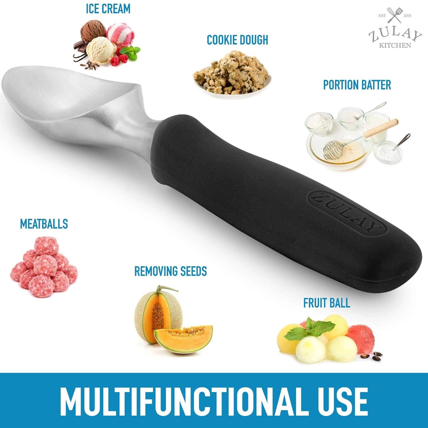 Zulay Kitchen Heavy Duty Ice Cream Scoop - Stainless Steel Scooper with Non-Slip Rubber Grip