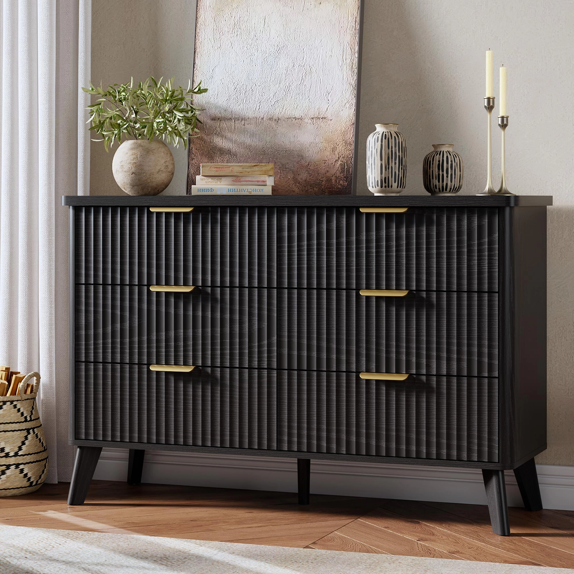 Fluted 6 Drawer Dresser, Curved Profile Design 47.2" Wide Wooden Chest & TV Stand for Bedroom Living Room