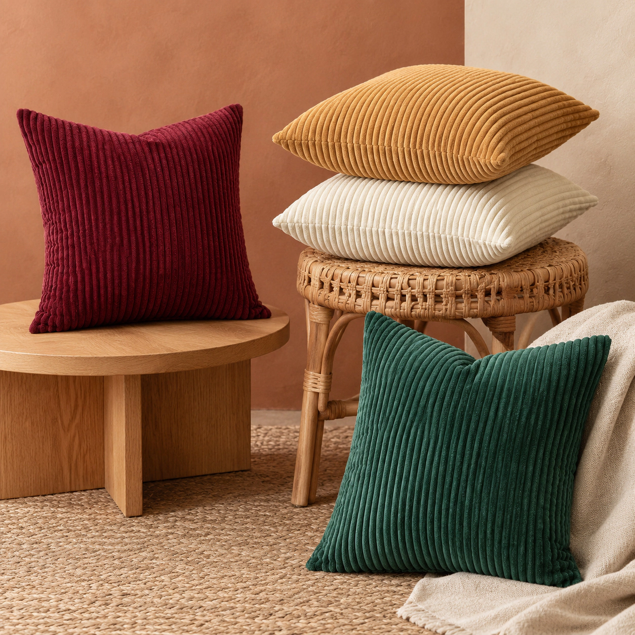 WZK Set of 4 Corduroy Boho Stripe 18x18 Throw Pillow Covers