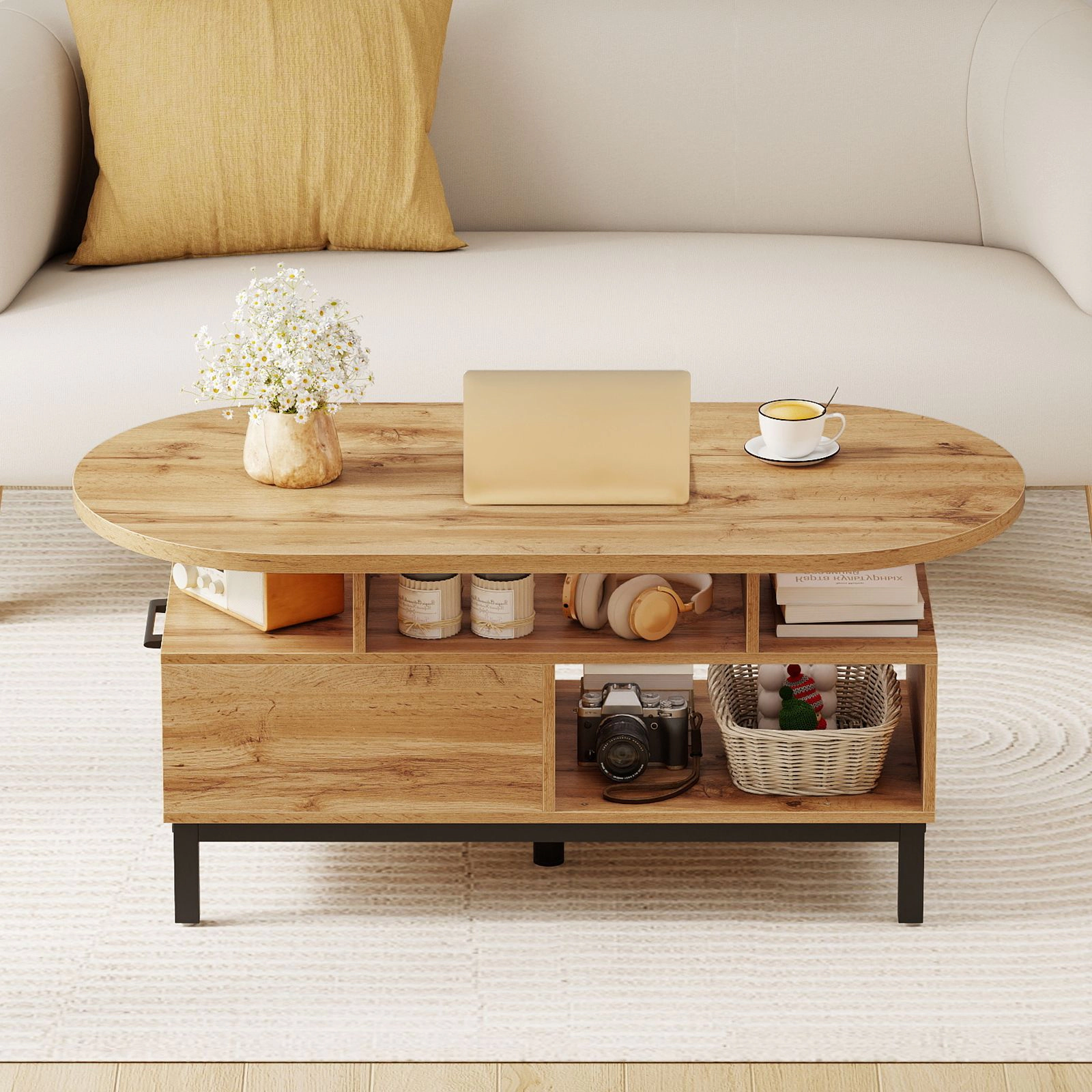 SlickBlue Modern Oval Center Table with Hidden Drawer Storage