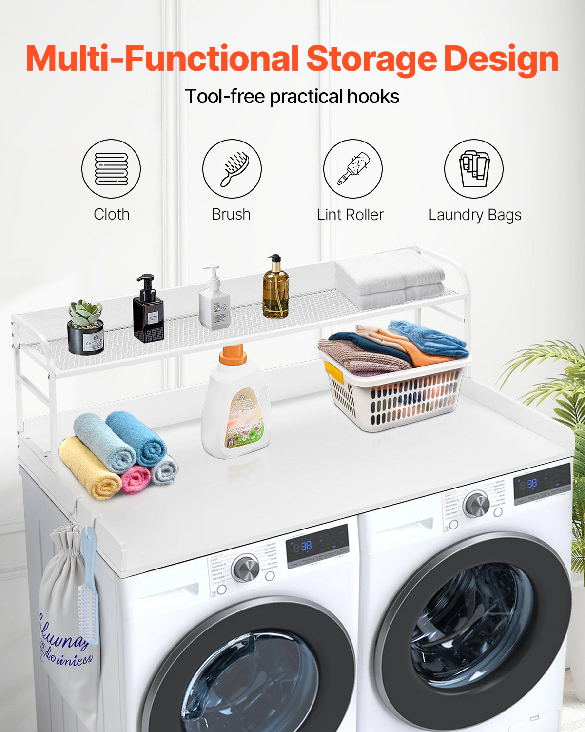 HONGGE Washer Dryer Countertop with 2-Tier Shelf 54" x 27" Wooden Washer and Dryer Countertop with Anti-Slip Pads