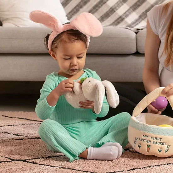 Sperric Easter Baby Plush Playset w/ Easter Basket, Bunny Holding Carrot, Easter Egg, & Squeaky Chicken - Sensory Toys