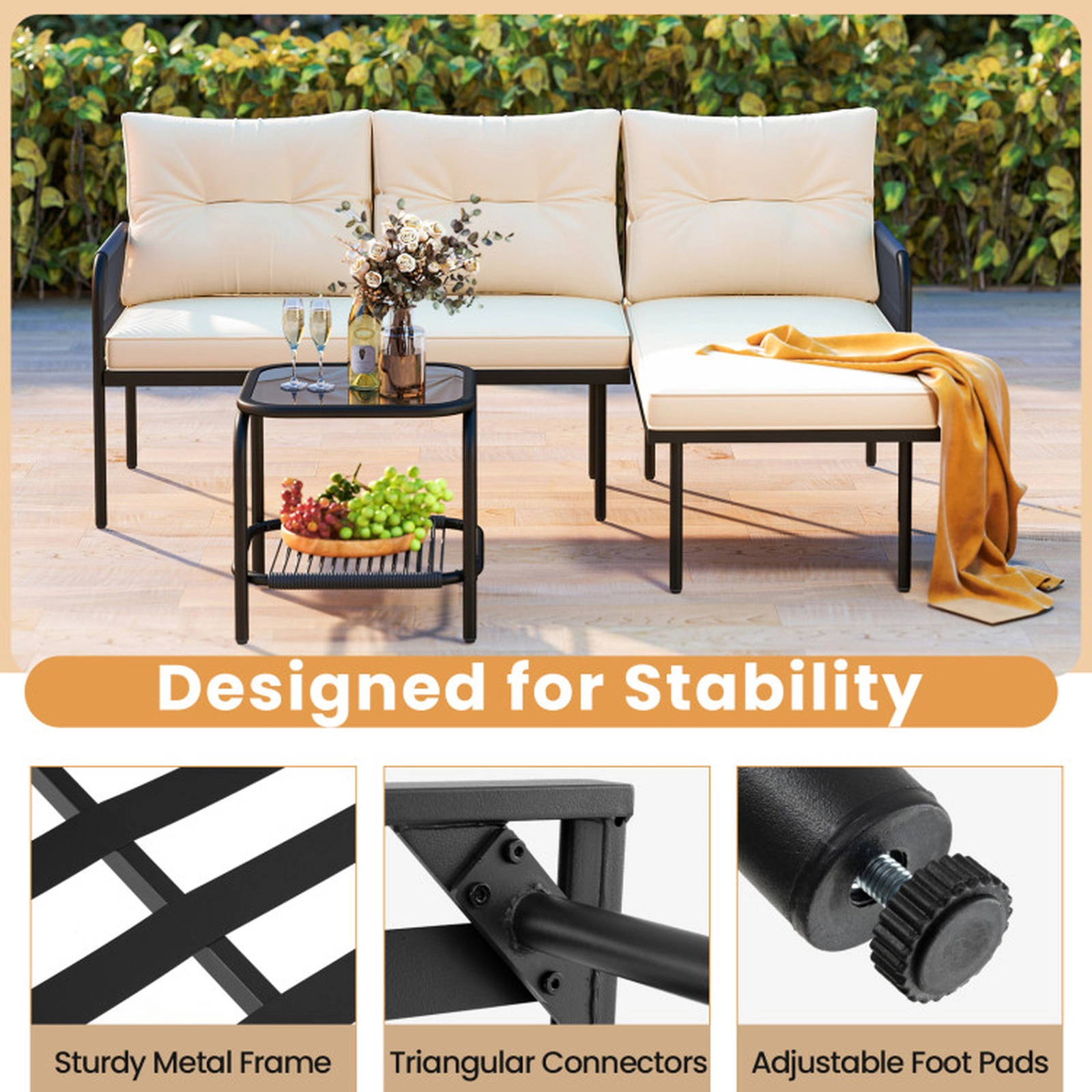 SUGIFT 3-Piece Beige L-Shaped Patio Sectional Set with Coffee Table 68-in W 48-in D 30-in H 660-lb Sofa Capacity