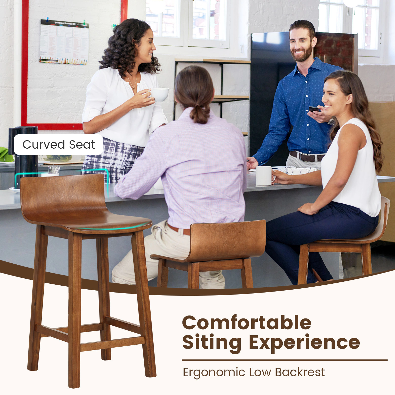 SUGIFT Brown Solid Back and Seat Mid-Century Design Set of 2 Wood Bar Stool